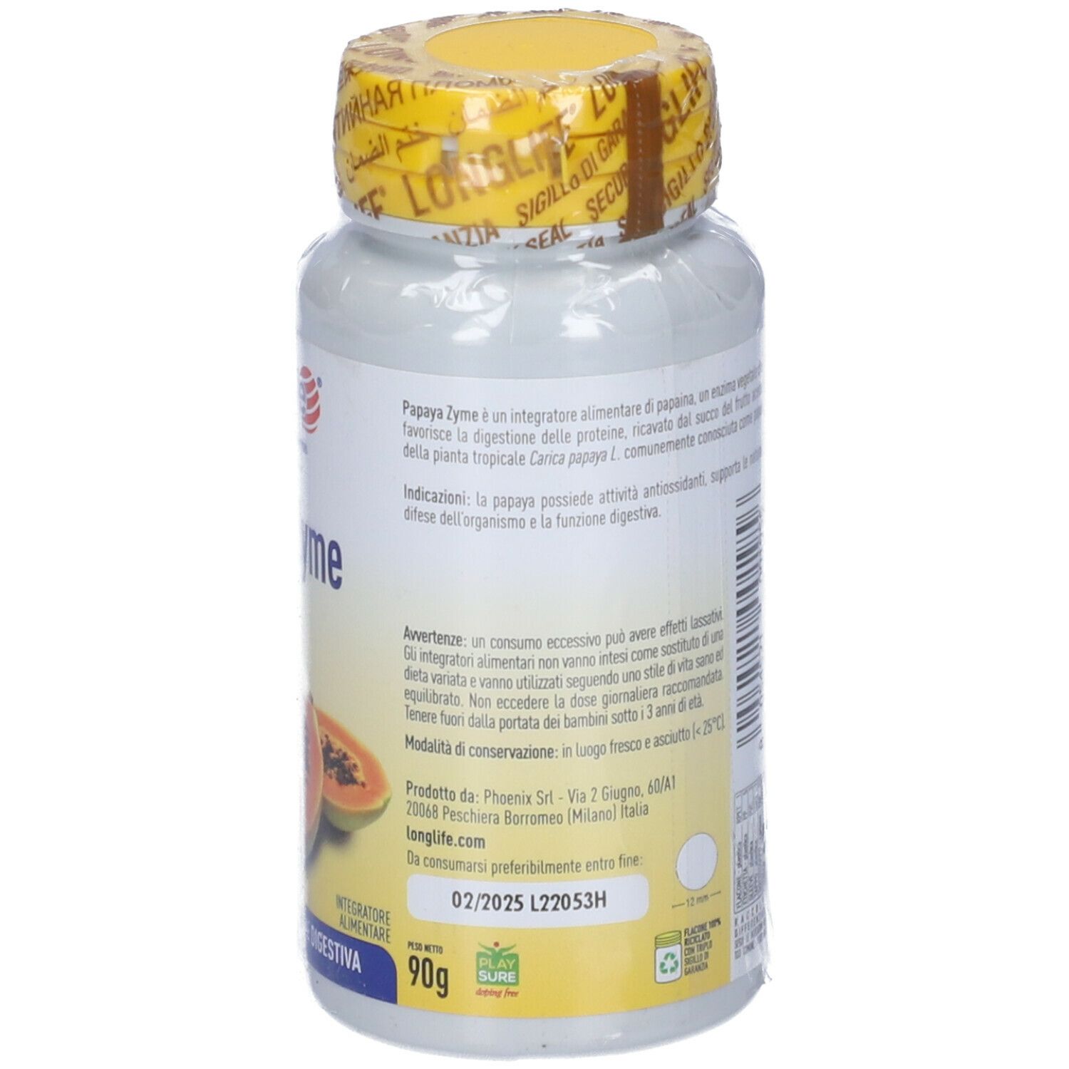 Retro del flacone con tappo giallo e sigillo. Informazioni testuali e ingredienti. Scritta: LongLife Papaya Zyme, 90g.