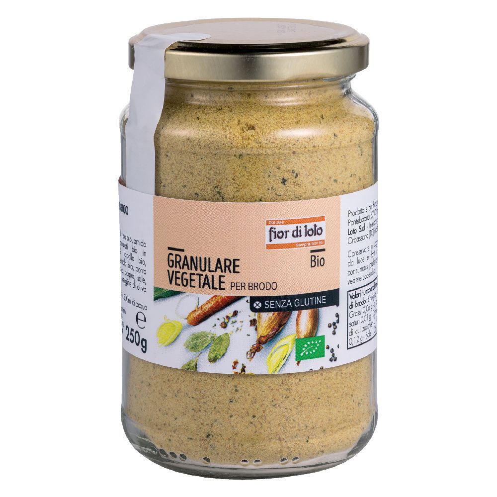 Barattolo di Brodo Vegetale Grani In Polvere. Etichetta con nome prodotto, logo Bio e illustrazioni ingredienti. Coperchio dorato.