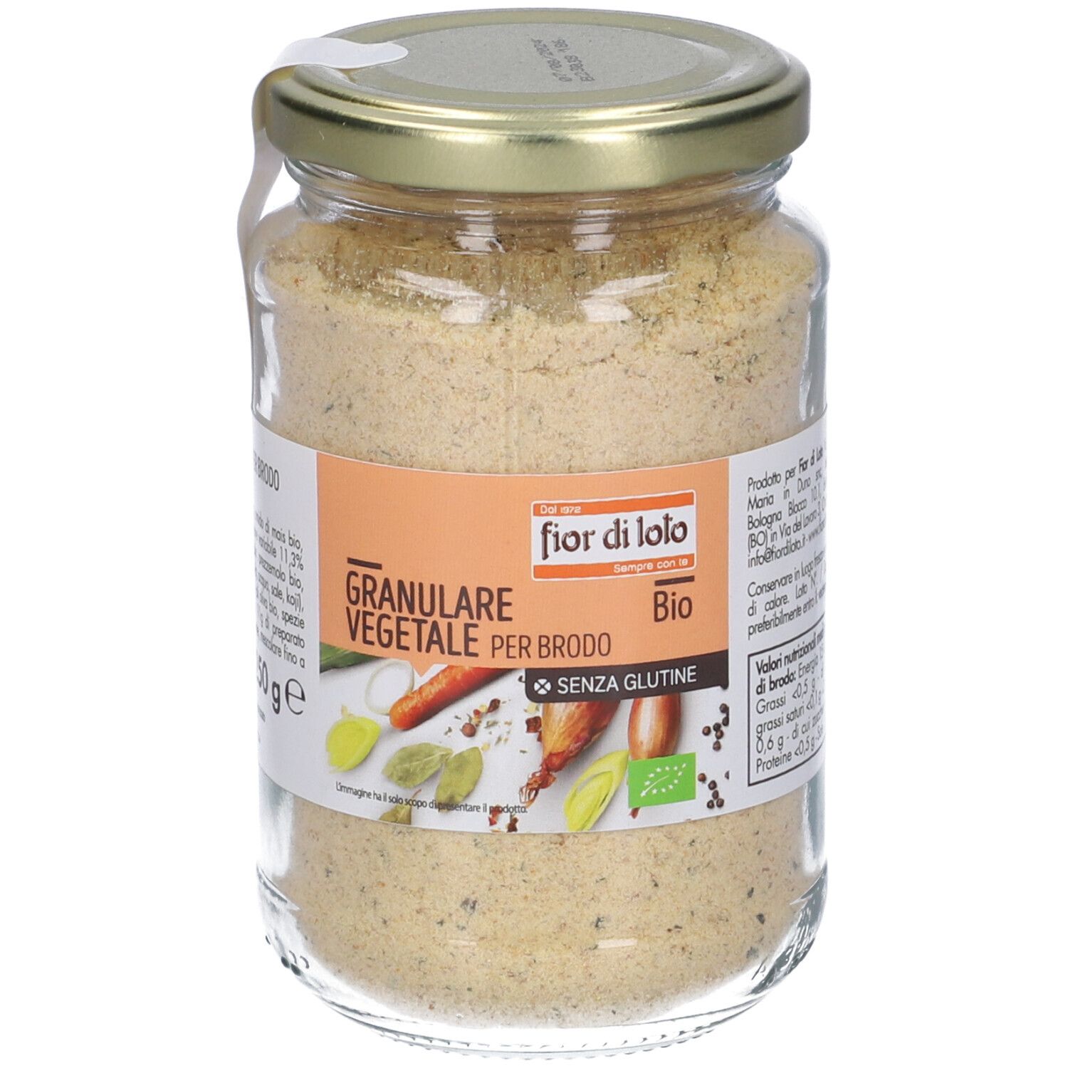 Barattolo di Brodo Vegetale Grani In Polvere. Etichetta con nome prodotto, logo Bio e illustrazioni ingredienti. Coperchio dorato.