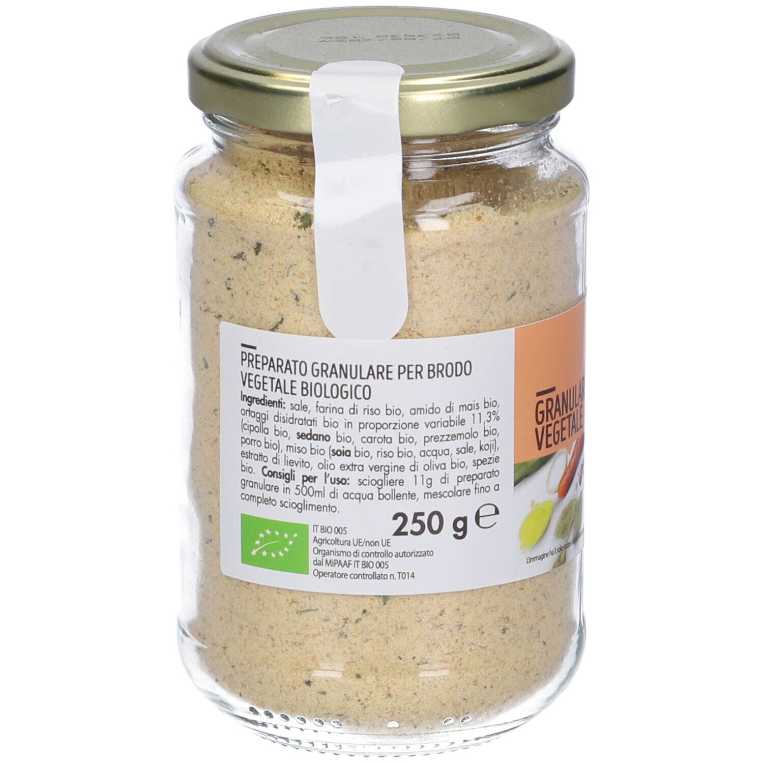 Retro del barattolo di Brodo Vegetale Grani In Polvere. Lista ingredienti, logo Bio e quantità 250 g.