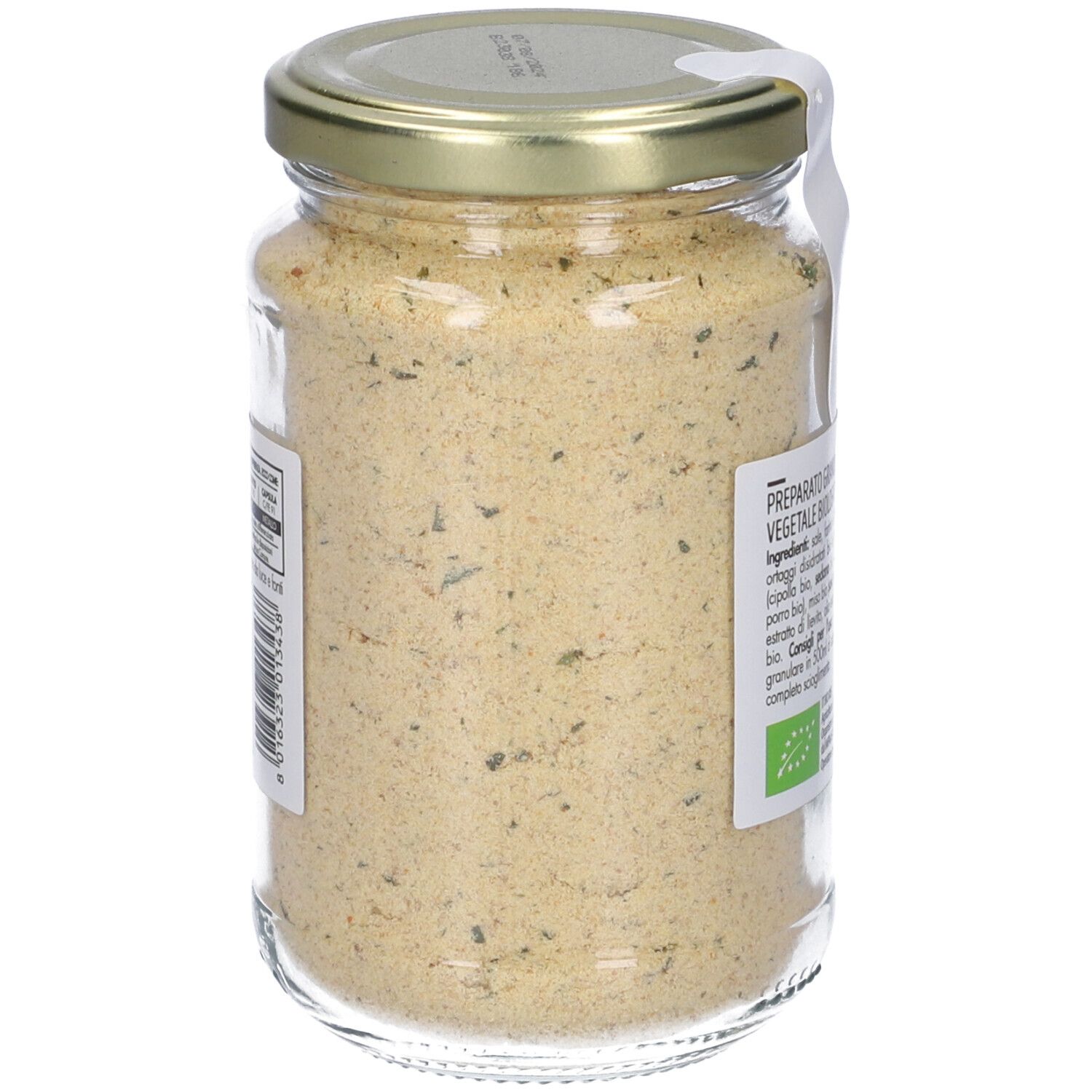 Retro del barattolo di Brodo Vegetale Grani In Polvere. Lista ingredienti e logo Bio. Coperchio dorato.