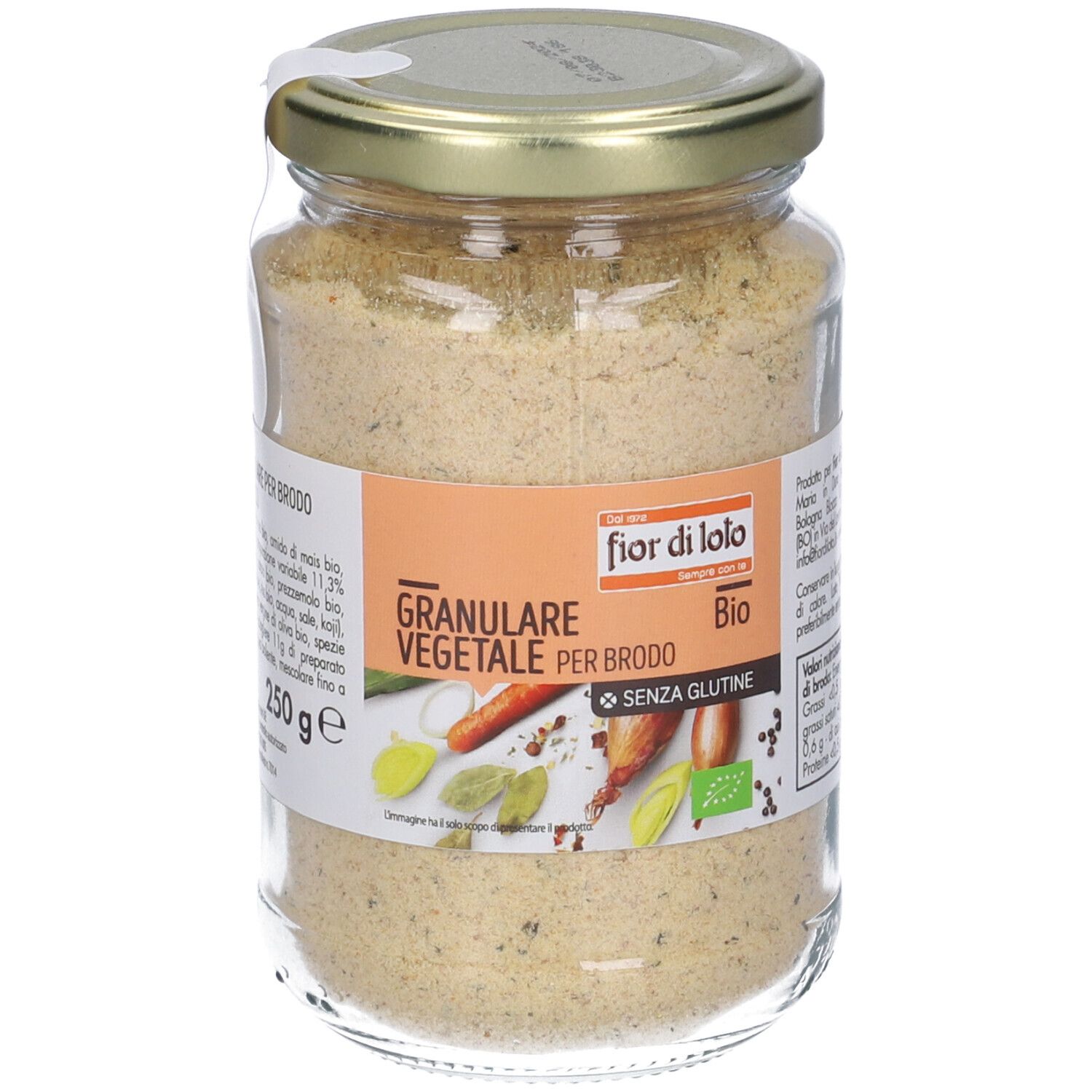 Barattolo di Brodo Vegetale Grani In Polvere. Etichetta con nome prodotto, logo Bio e illustrazioni ingredienti. Coperchio dorato.