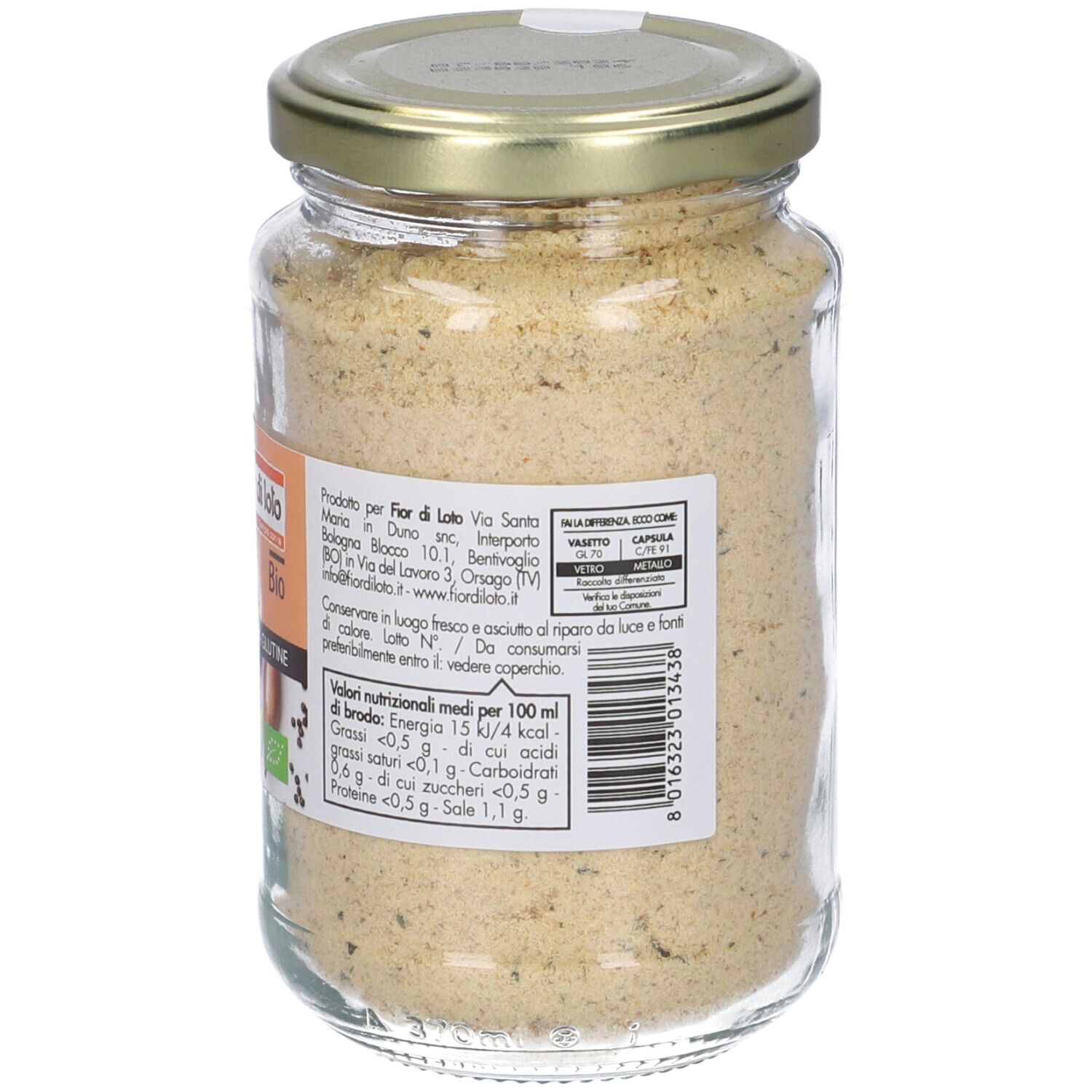 Retro del barattolo di Brodo Vegetale Grani In Polvere. Valori nutrizionali e logo Bio. Coperchio dorato.