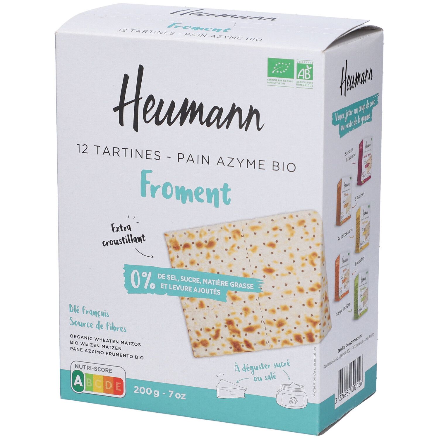 Confezione di Heumann Pane Azzimo Bio. Fronte con immagine prodotto, testo ed etichetta bio. Contiene 12 tartine.