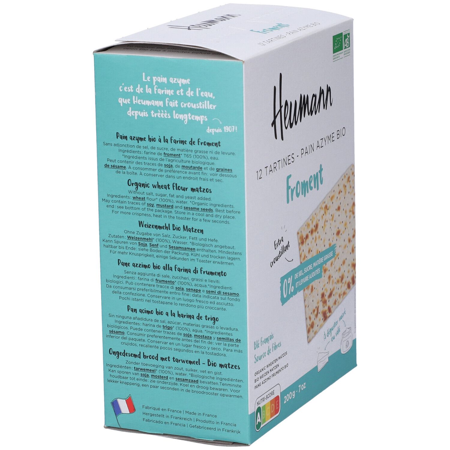 Retro della confezione Heumann Pane Azzimo Bio. Testo multilingue, elenco ingredienti, informazioni nutrizionali e paese di origine.