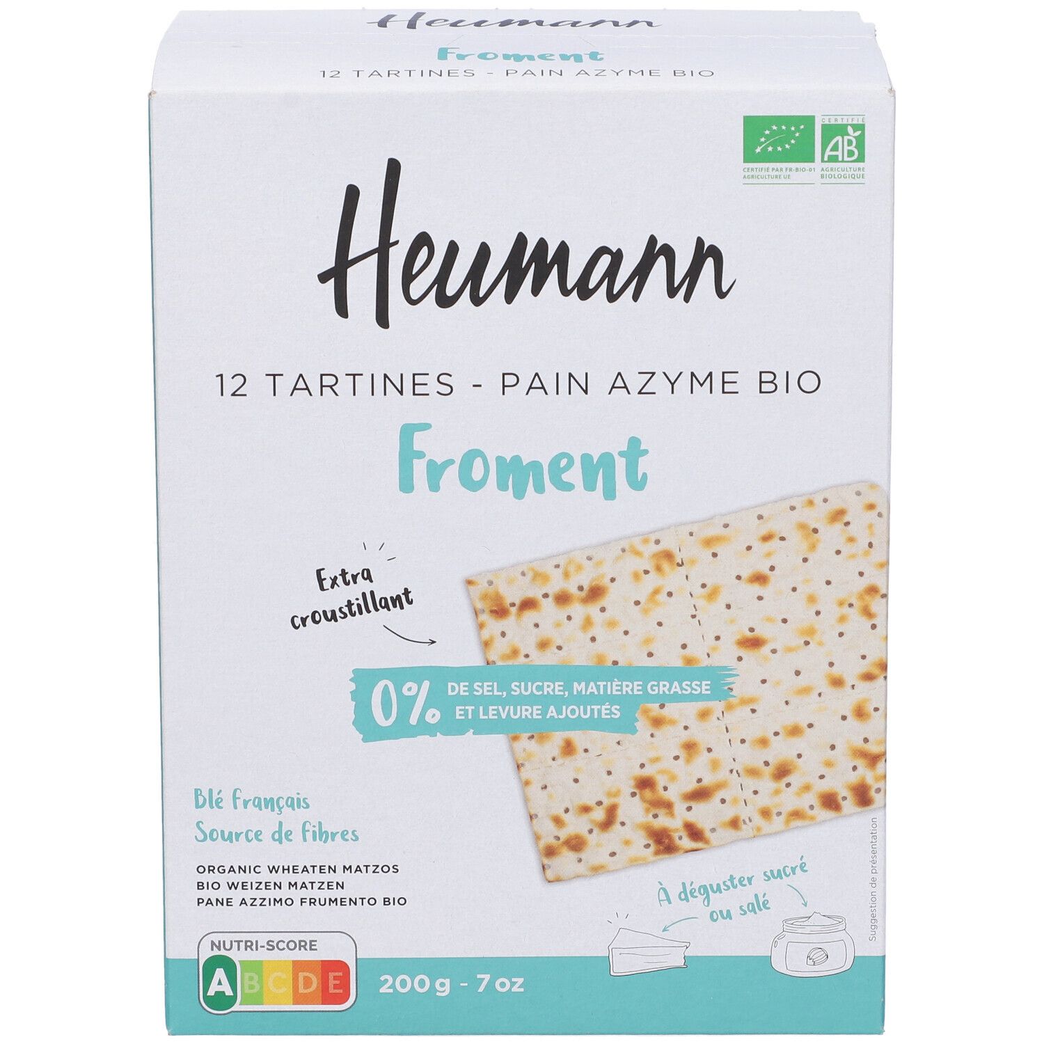 Fronte della confezione Heumann Pane Azzimo Bio. Immagine del prodotto, testo ed etichetta bio. Contiene 12 tartine.