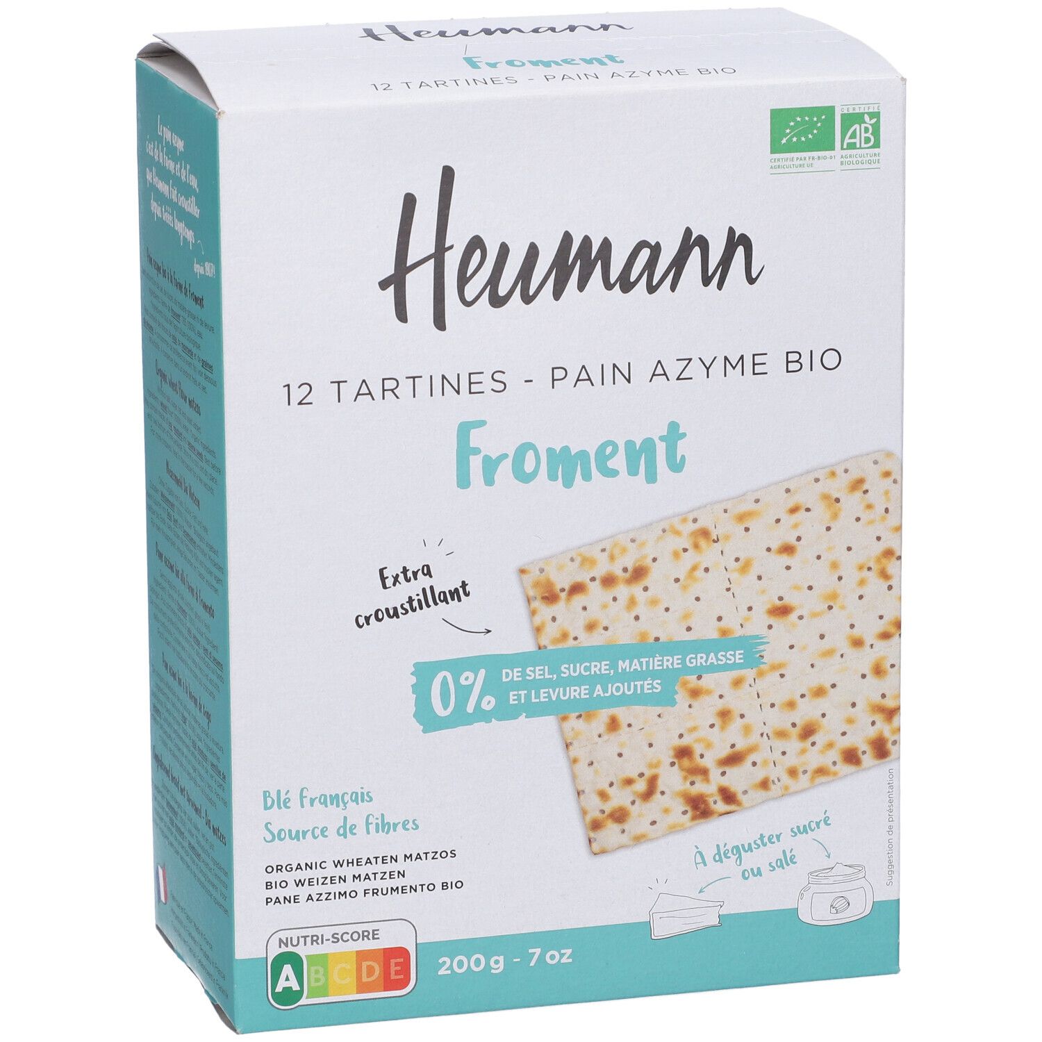 Fronte della confezione Heumann Pane Azzimo Bio. Immagine del prodotto, testo ed etichetta bio. Contiene 12 tartine.