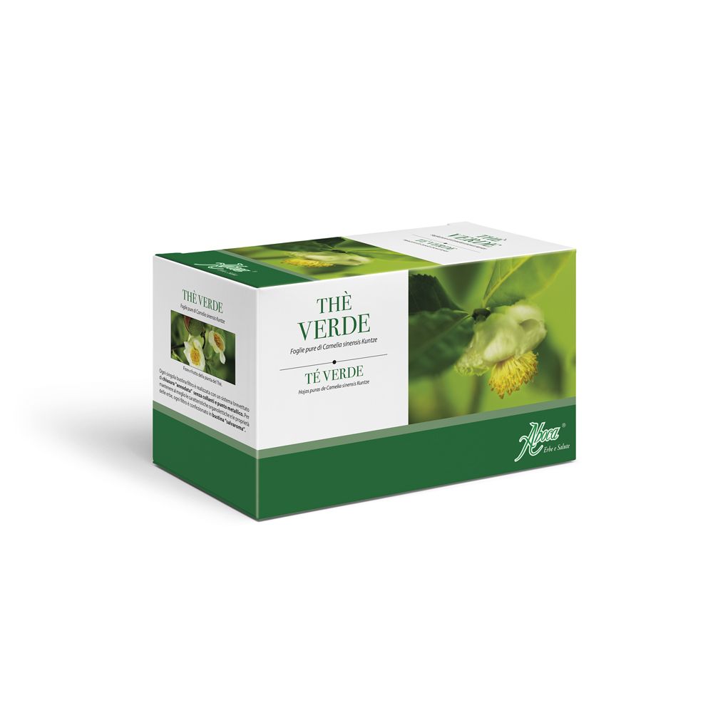 Confezione di tè verde. Testo: Thé Verde, Aboca. Scatola verde e bianca con immagine di pianta.