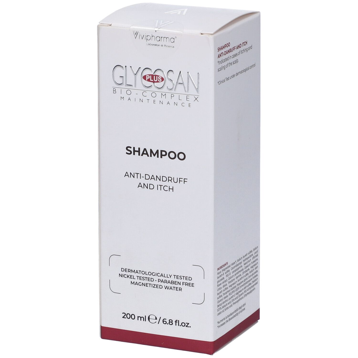 Scatola bianca di shampoo. Scritta: Glycosan Plus, anti-forfora e prurito. Dermatologicamente testato. 200 ml.