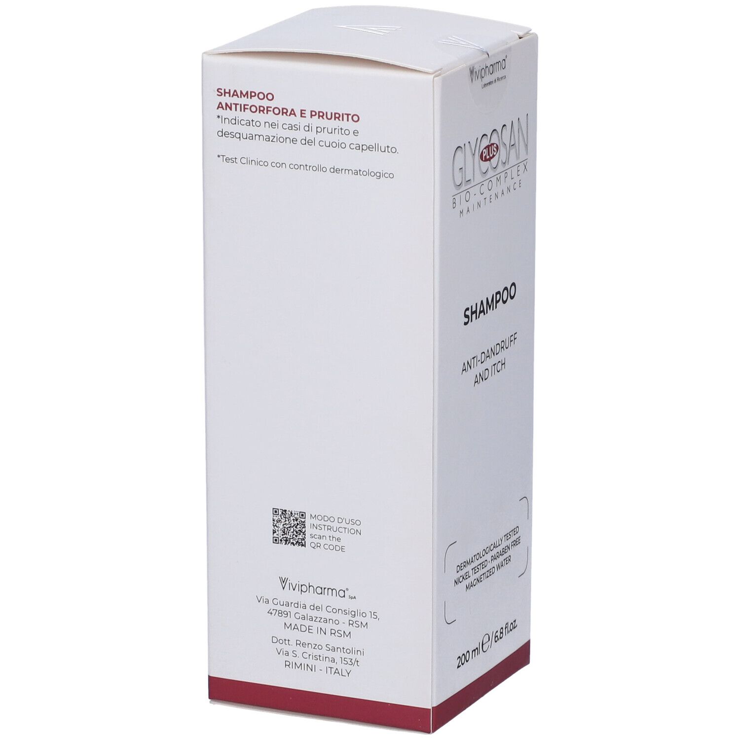 Scatola bianca di shampoo. Scritta: Glycosan Plus, anti-forfora e prurito. Dermatologicamente testato. 200 ml. Codice QR.
