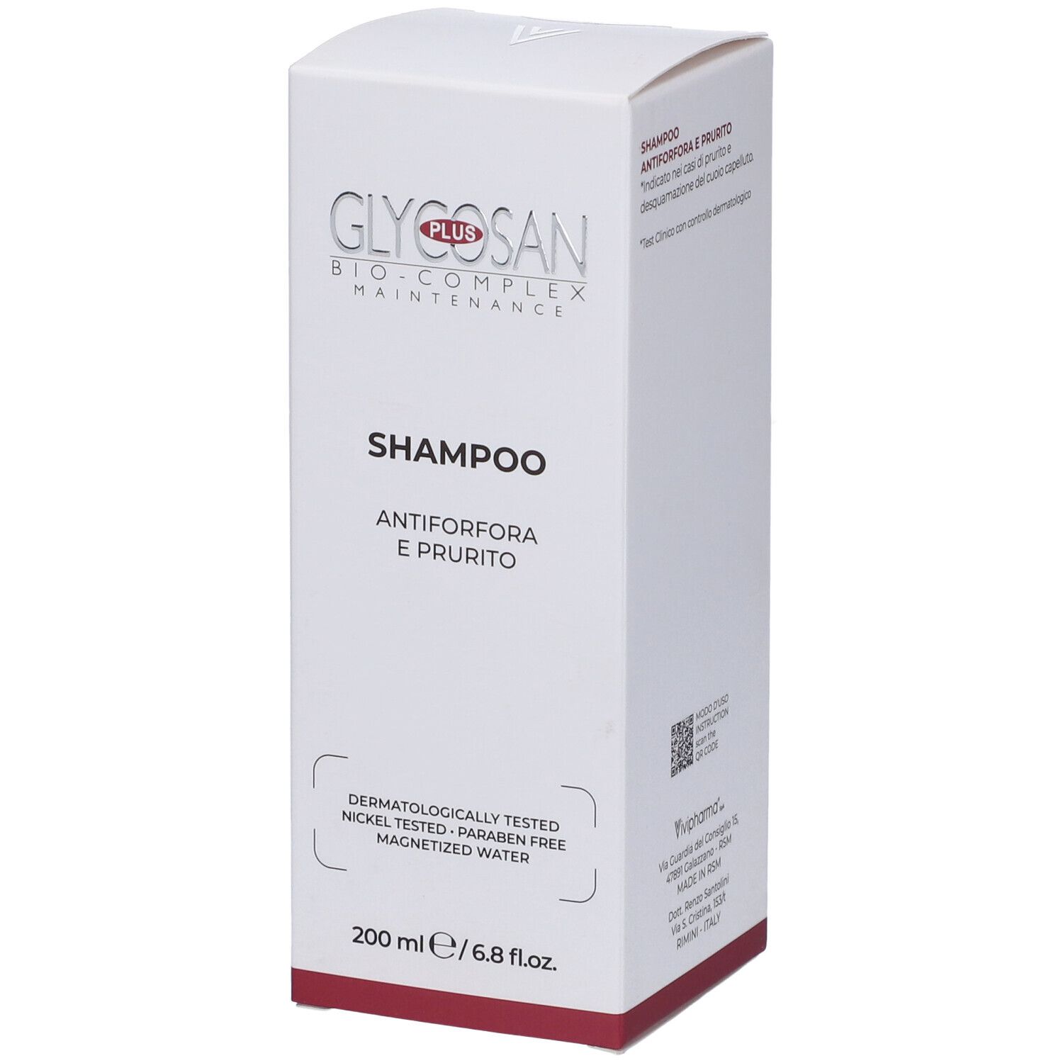 Scatola bianca di shampoo. Scritta: Glycosan Plus, anti-forfora e prurito. Dermatologicamente testato. 200 ml.