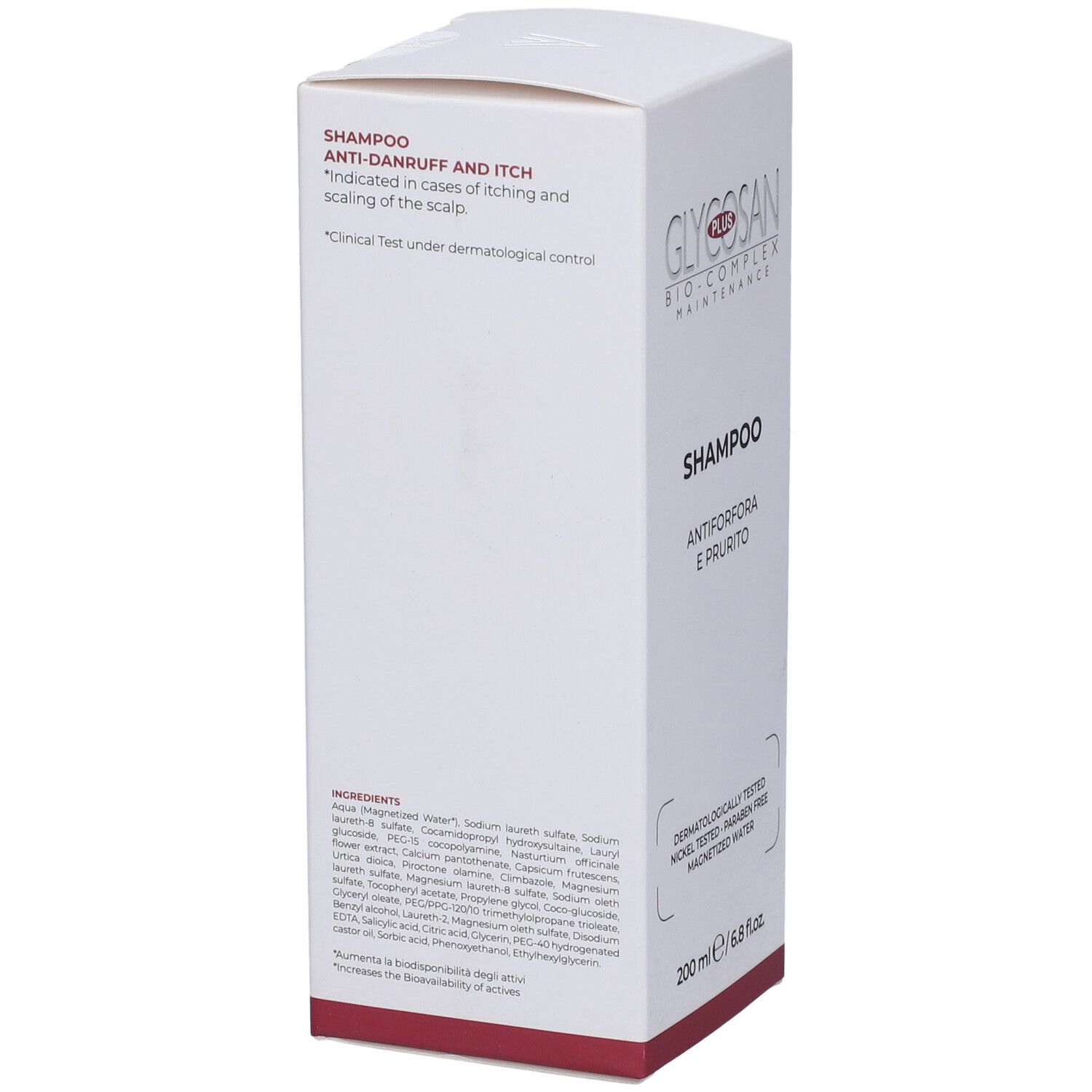 Scatola bianca di shampoo. Scritta: Glycosan Plus, anti-forfora e prurito. Ingredienti. Dermatologicamente testato. 200 ml.