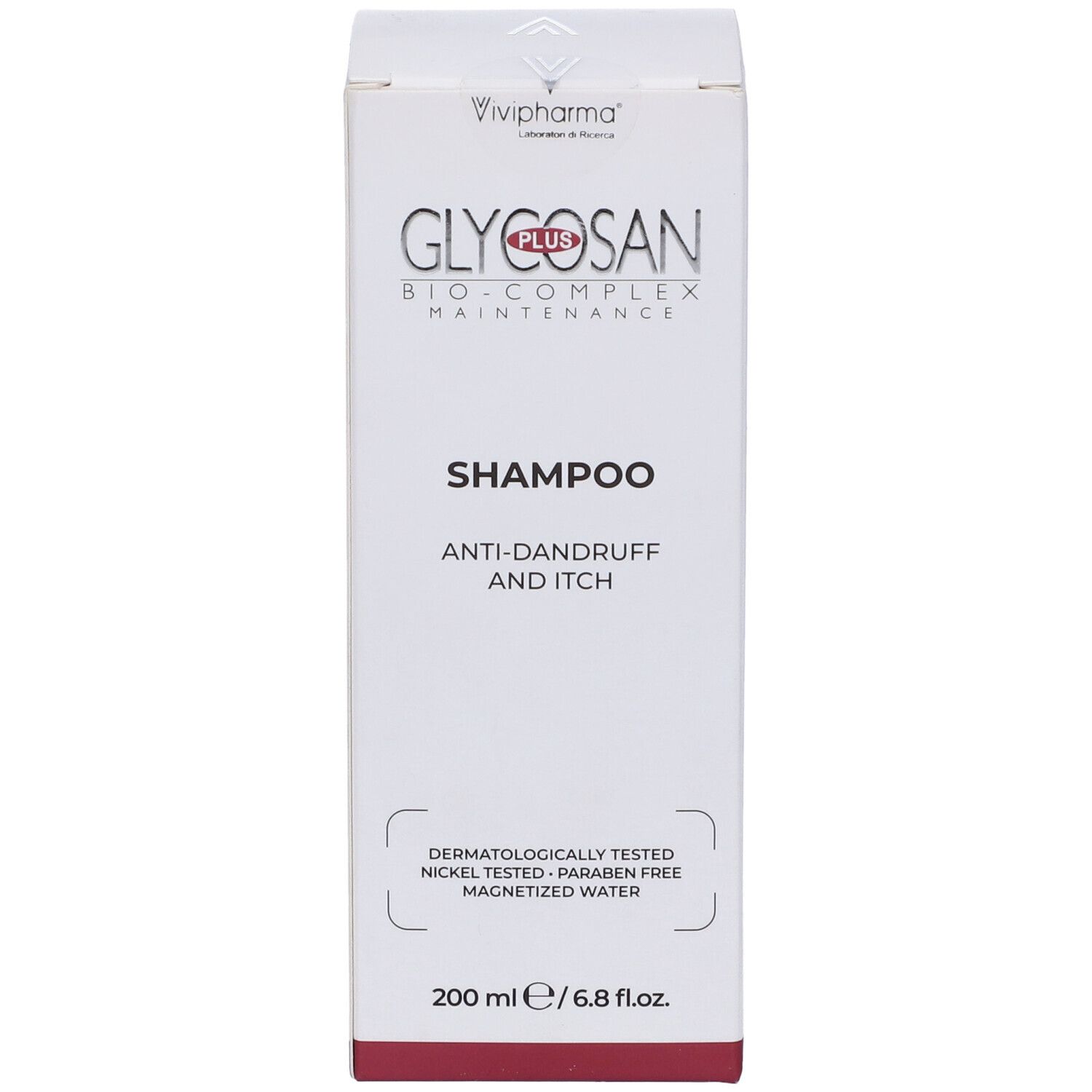 Scatola bianca di shampoo. Scritta: Glycosan Plus, anti-forfora e prurito. Dermatologicamente testato. 200 ml.