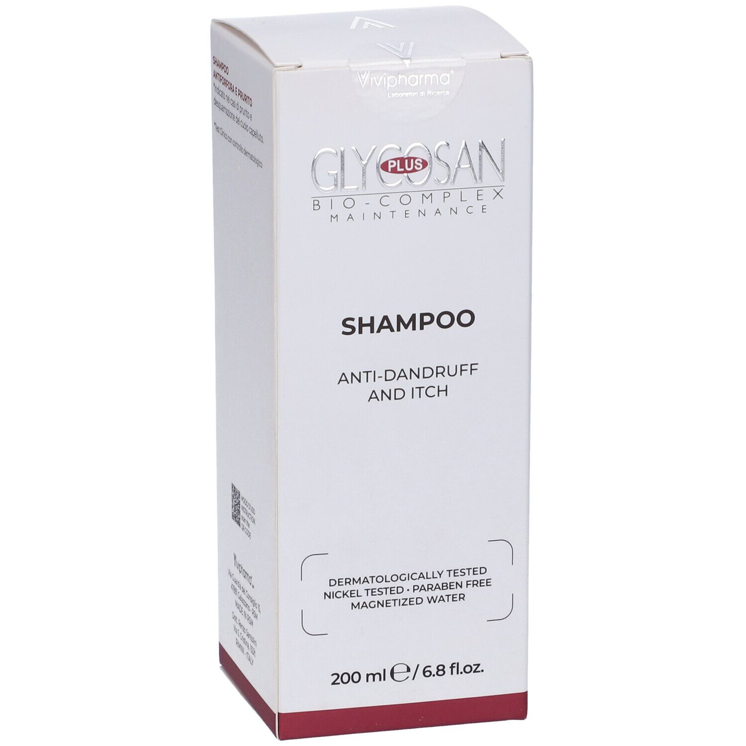 Scatola bianca di shampoo. Scritta: Glycosan Plus, anti-forfora e prurito. Dermatologicamente testato. 200 ml.