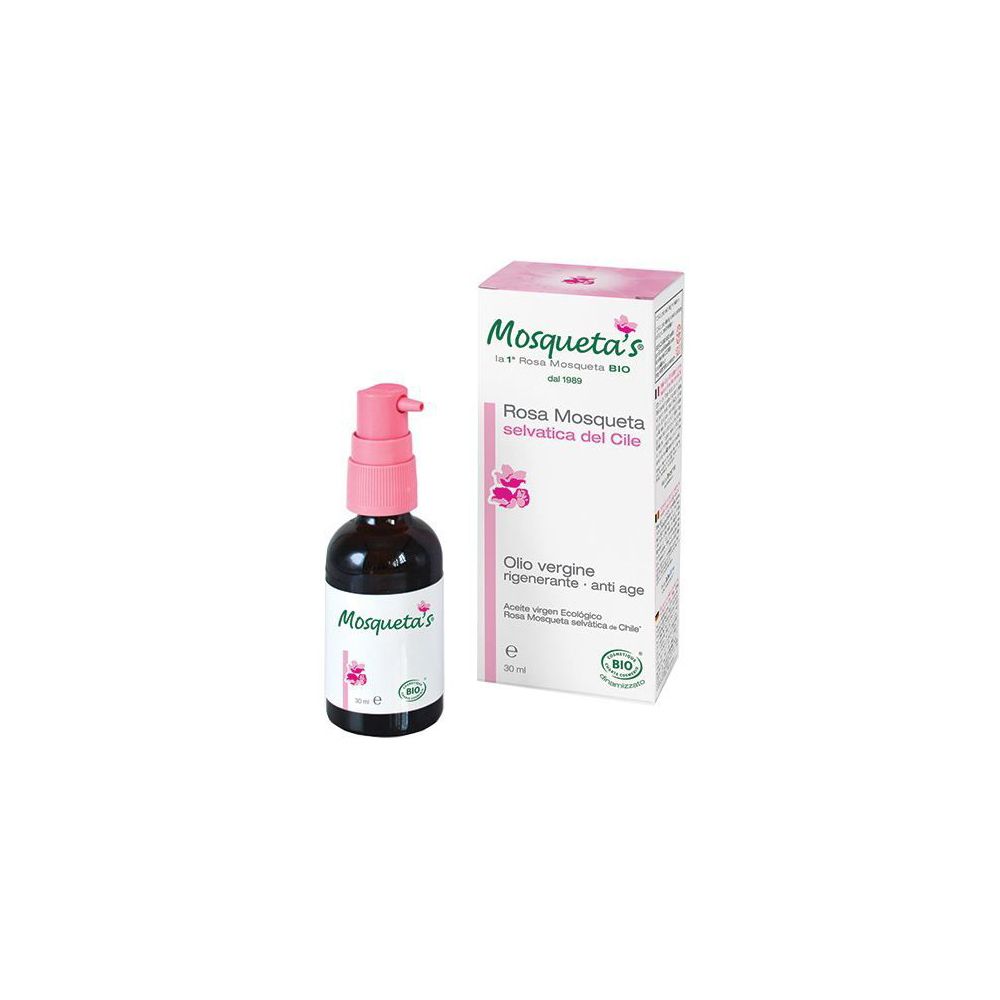 Flacone in vetro marrone con dosatore rosa e confezione bianca. Scritta: Mosqueta's, Rosa Mosqueta, certificazione Bio.