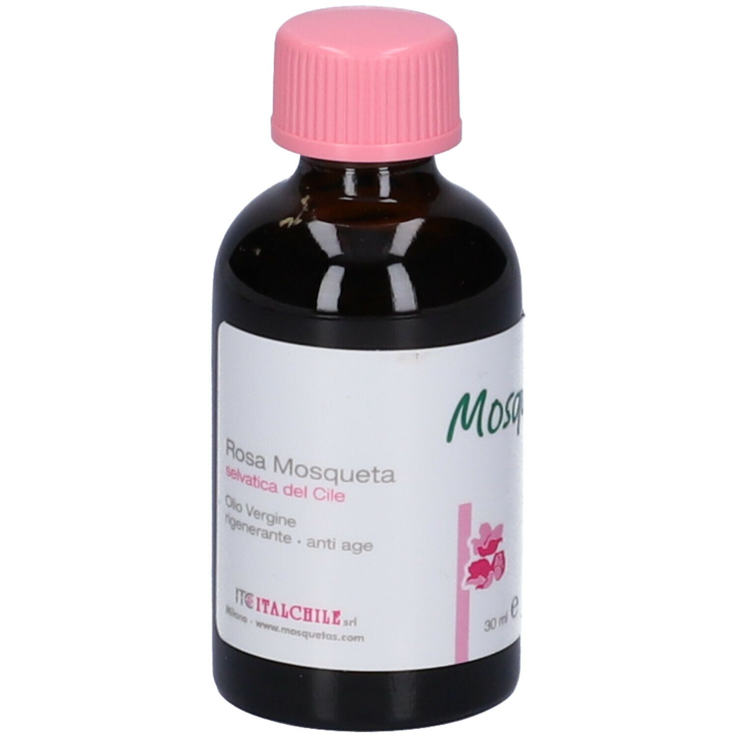 Flacone in vetro marrone con tappo rosa. Scritta: Rosa Mosqueta, Olio Vergine, rigenerante, anti-age. 30 ml.