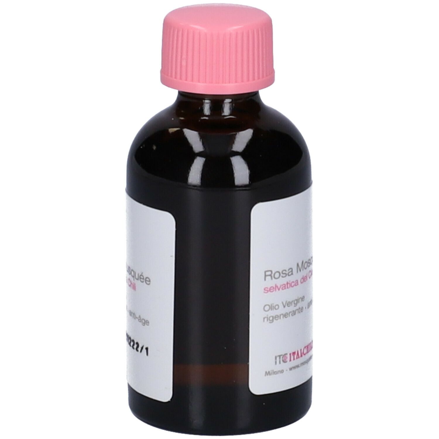 Flacone in vetro marrone con tappo rosa. Scritta: Rosa Mosqueta, Olio Vergine, rigenerante, anti-age. 30 ml.