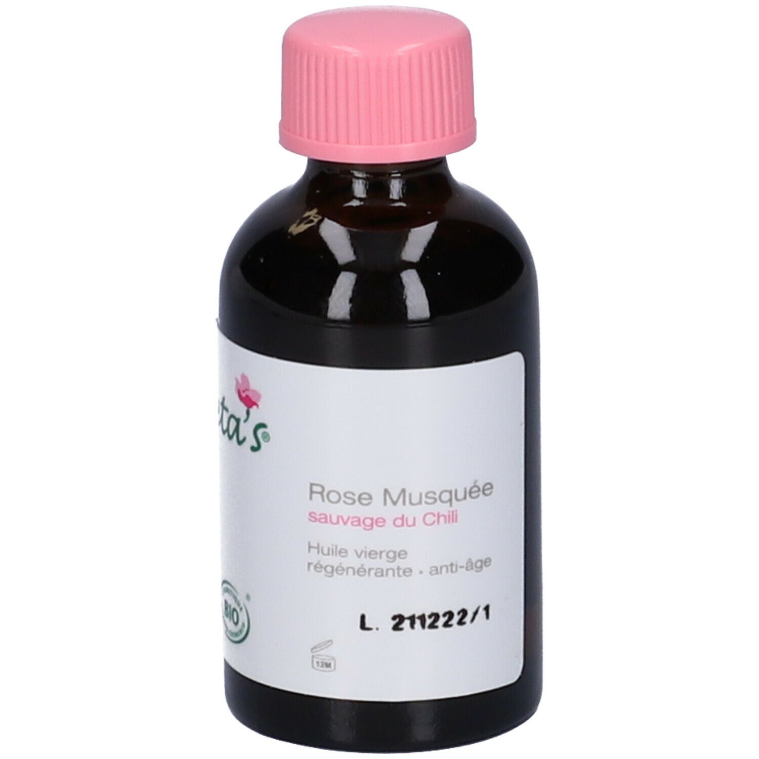 Flacone in vetro marrone con tappo rosa. Scritta: Rose Musquée, Olio vergine, rigenerante, anti-âge. 30 ml.