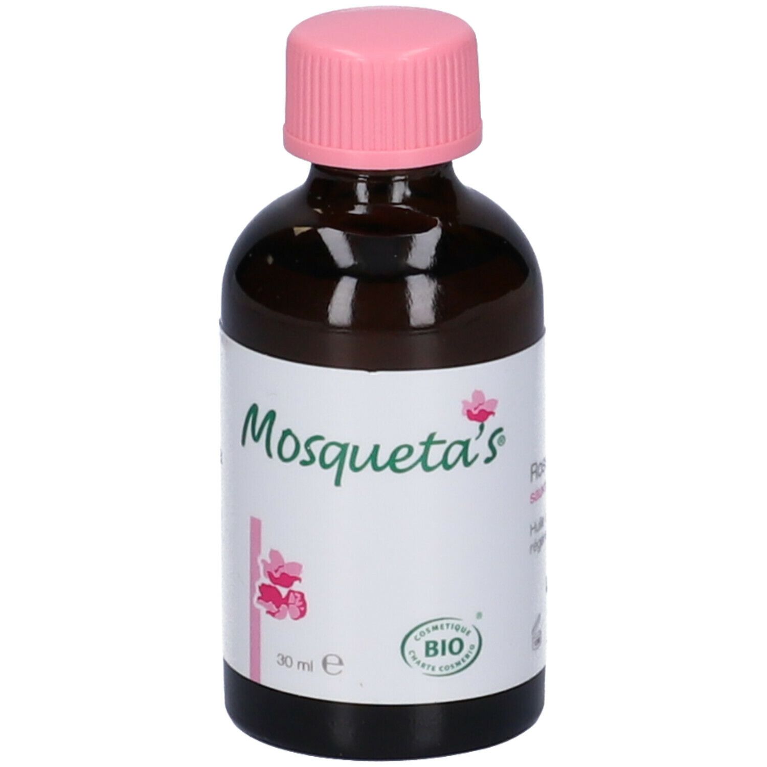 Flacone in vetro marrone con tappo rosa. Scritta: Mosqueta's, Rose Musquée, Olio vergine, rigenerante, anti-âge. 30 ml.