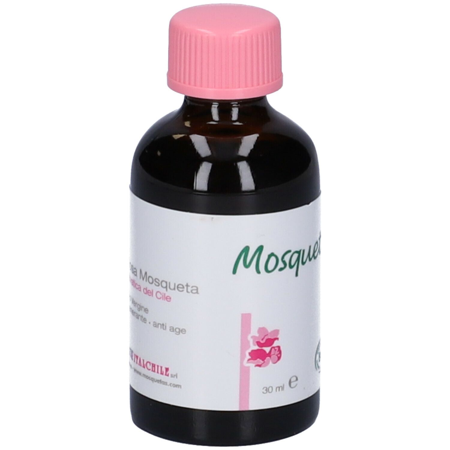 Flacone in vetro marrone con tappo rosa. Scritta: Mosqueta's, Rosa Mosqueta, Olio vergine, rigenerante, anti-âge. 30 ml.