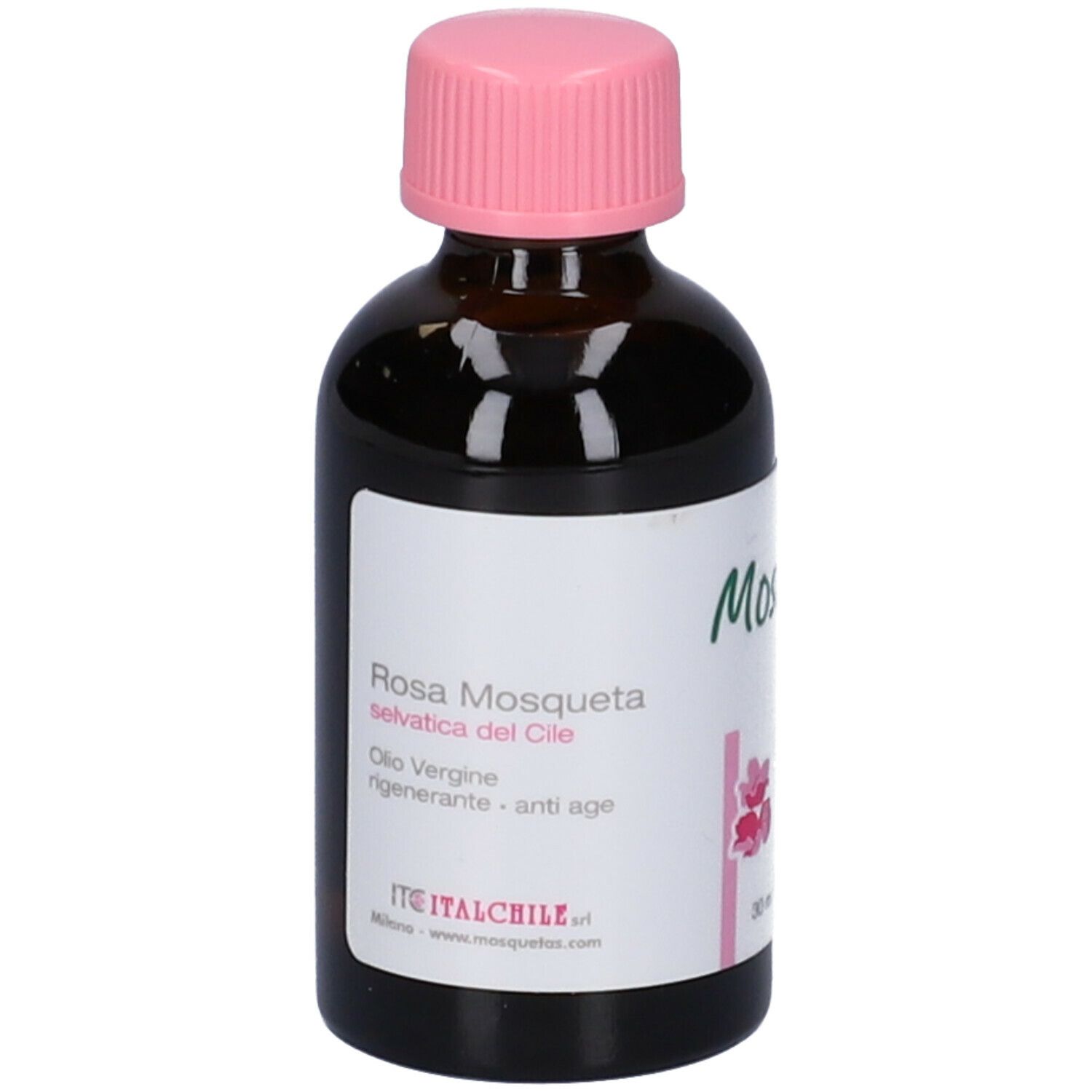 Flacone in vetro marrone con tappo rosa. Scritta: Mosqueta's, Rosa Mosqueta, Olio vergine, rigenerante, anti-âge. 30 ml.
