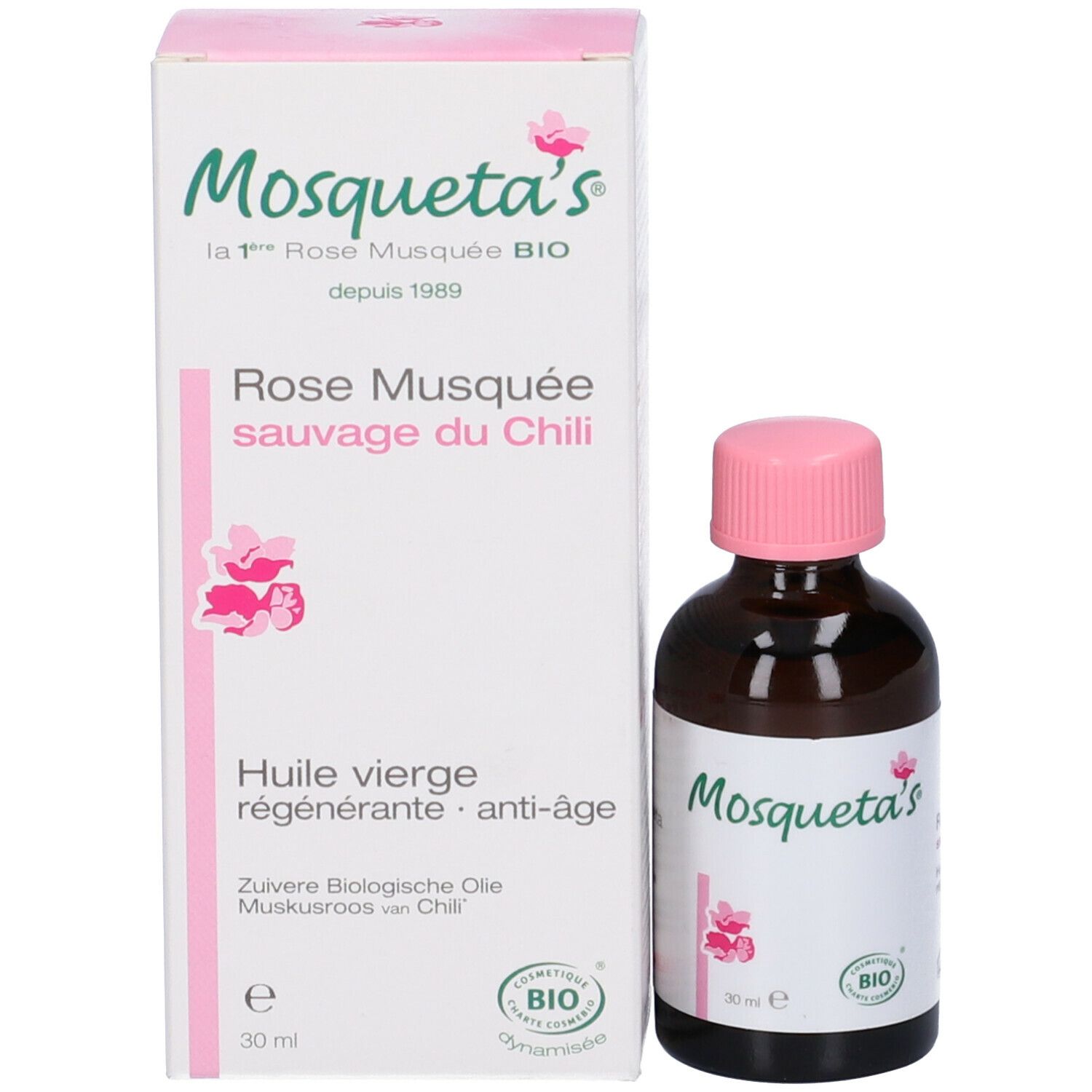 Flacone in vetro marrone con tappo rosa e confezione bianca. Scritta: Mosqueta's, Rose Musquée, Olio vergine, anti-âge. 30 ml.