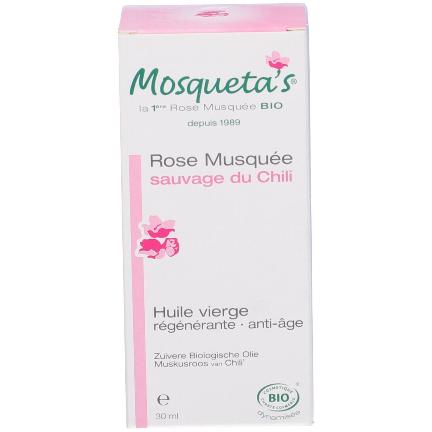 Confezione bianca con scritta: Mosqueta's, Rose Musquée, Olio vergine, anti-âge. 30 ml. Certificazione Bio.