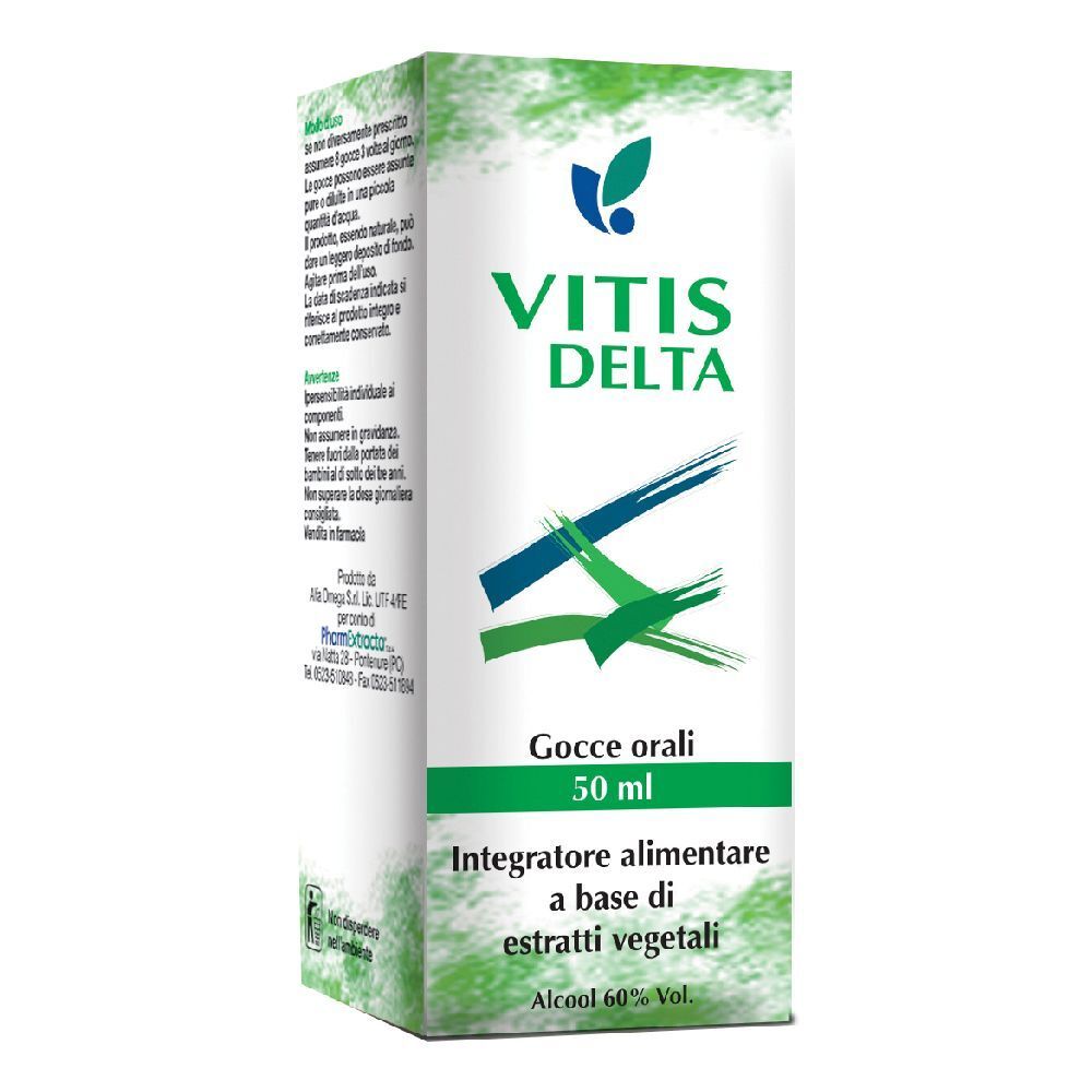 Scatola Vitis Delta. Scritta: Gocce orali, Integratore alimentare. Confezione verde e bianca.