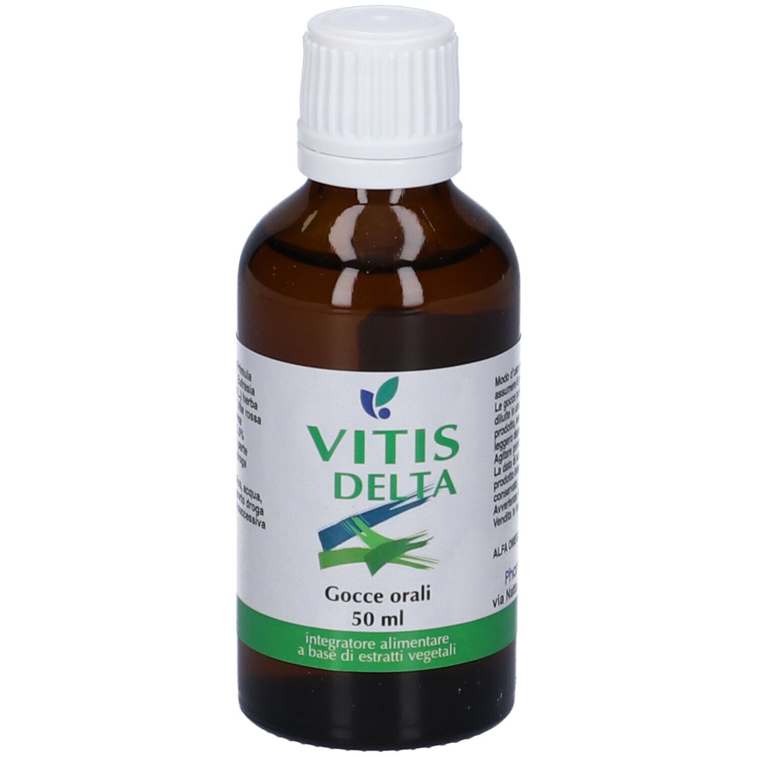 Flacone di vetro marrone con tappo bianco. Scritta: Vitis Delta, Gocce orali, Integratore alimentare.