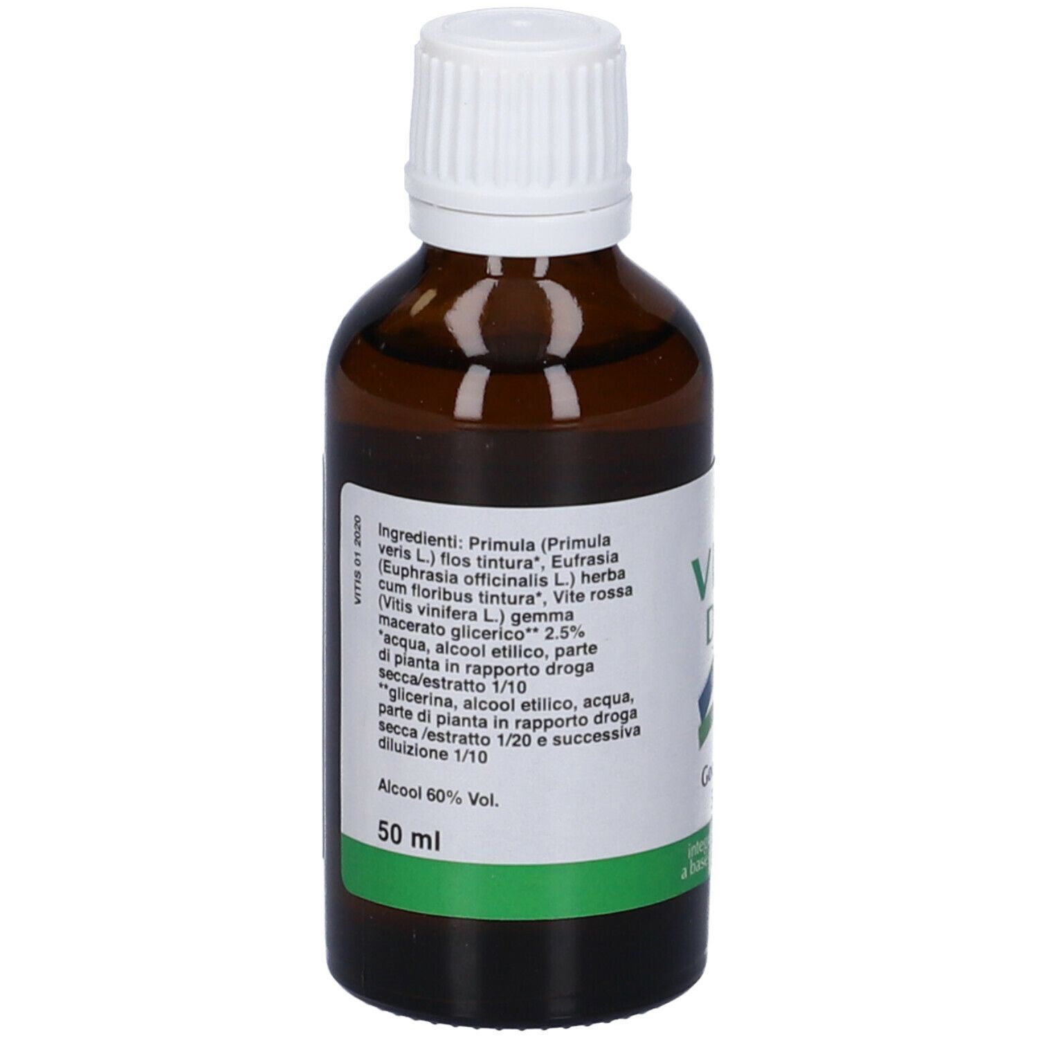 Flacone di vetro marrone con tappo bianco. Scritta: Vitis Delta, Gocce orali, Integratore alimentare. Elenco ingredienti.