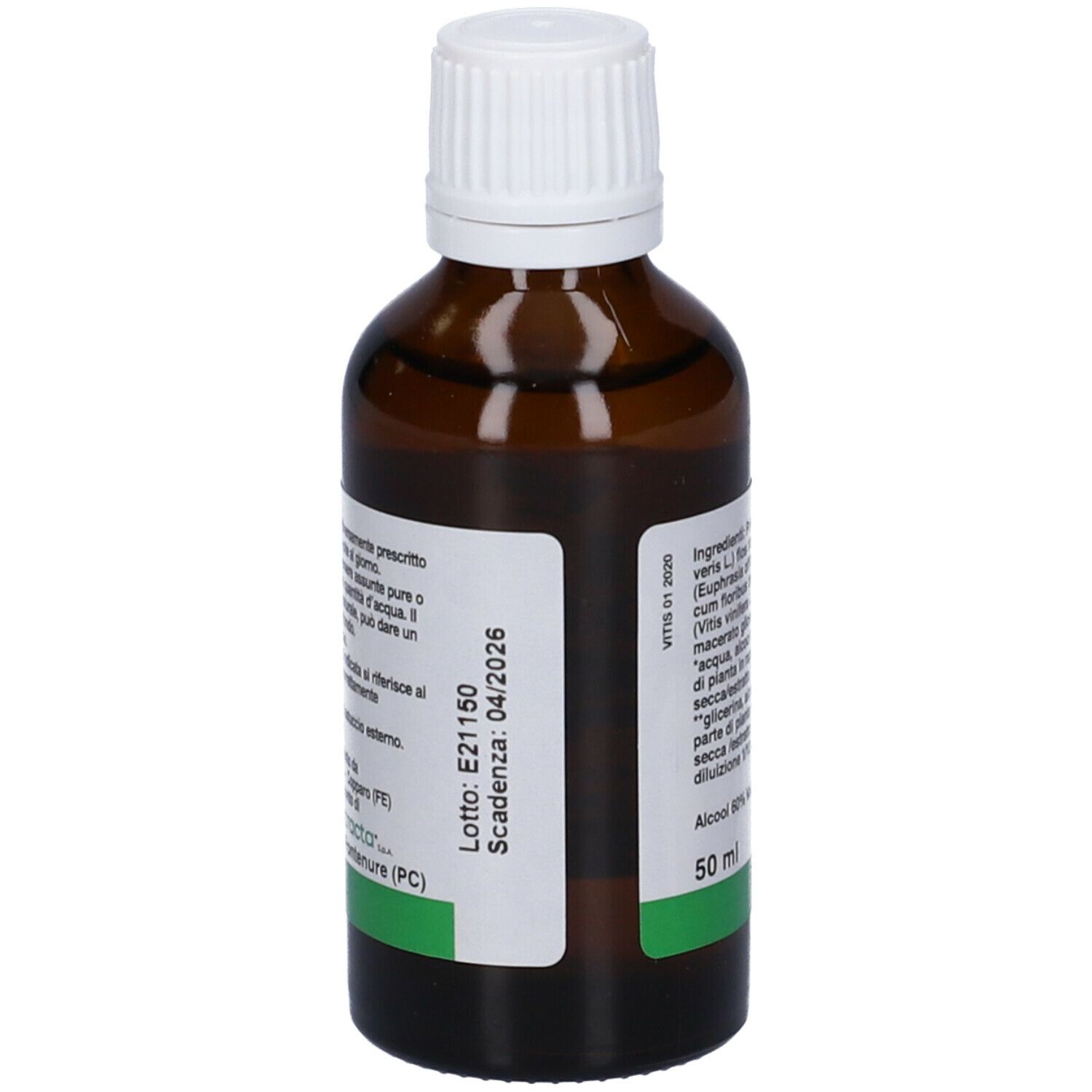 Flacone di vetro marrone con tappo bianco. Scritta: Vitis Delta, Gocce orali, Integratore alimentare. Scadenza.