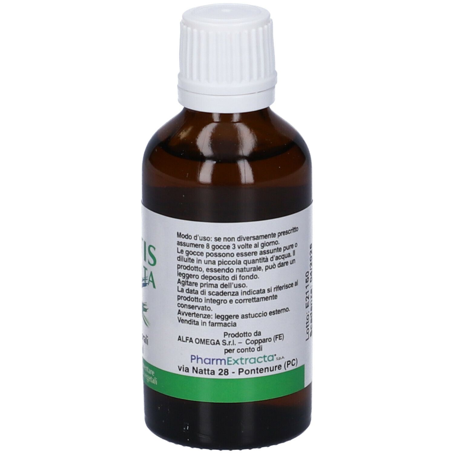 Flacone di vetro marrone con tappo bianco. Scritta: Vitis Delta, Gocce orali, Integratore alimentare. Istruzioni per l'uso.