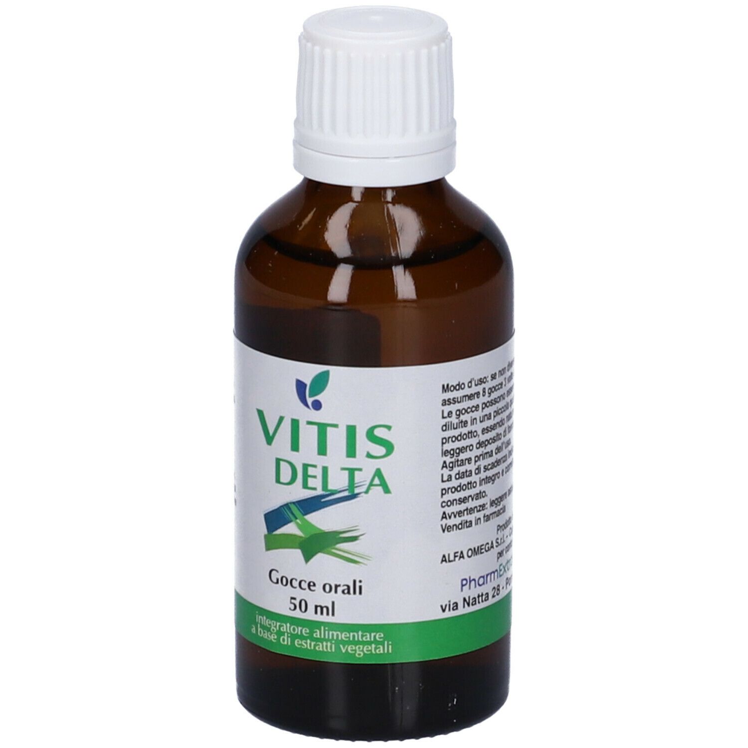 Flacone di vetro marrone con tappo bianco. Scritta: Vitis Delta, Gocce orali, Integratore alimentare.