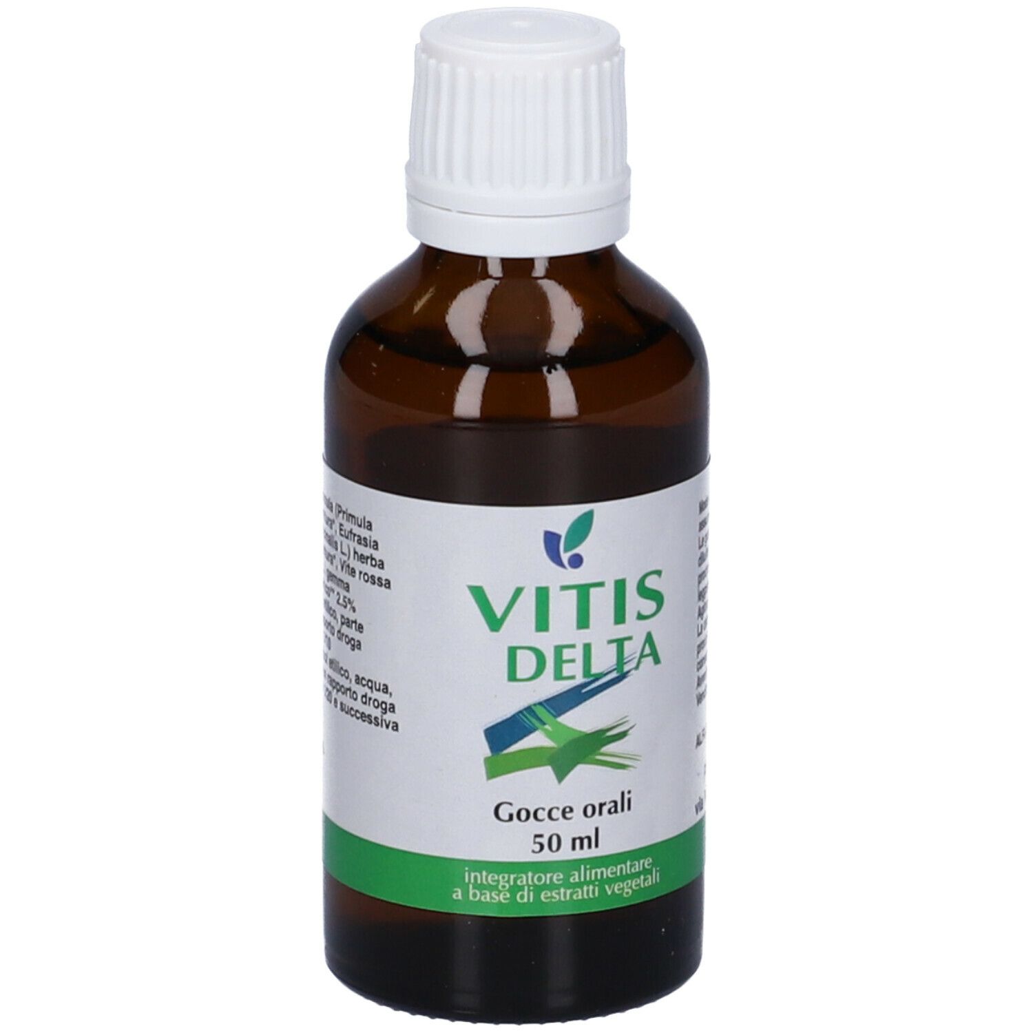 Flacone di vetro marrone con tappo bianco. Scritta: Vitis Delta, Gocce orali, Integratore alimentare.