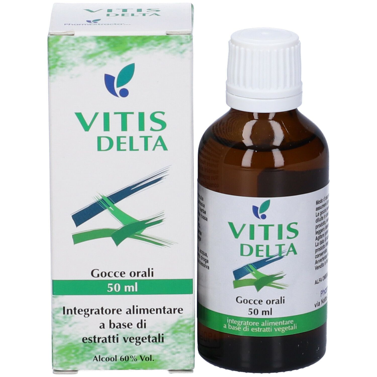 Flacone di vetro marrone e scatola. Scritta: Vitis Delta, Gocce orali, Integratore alimentare. Confezione verde e bianca.