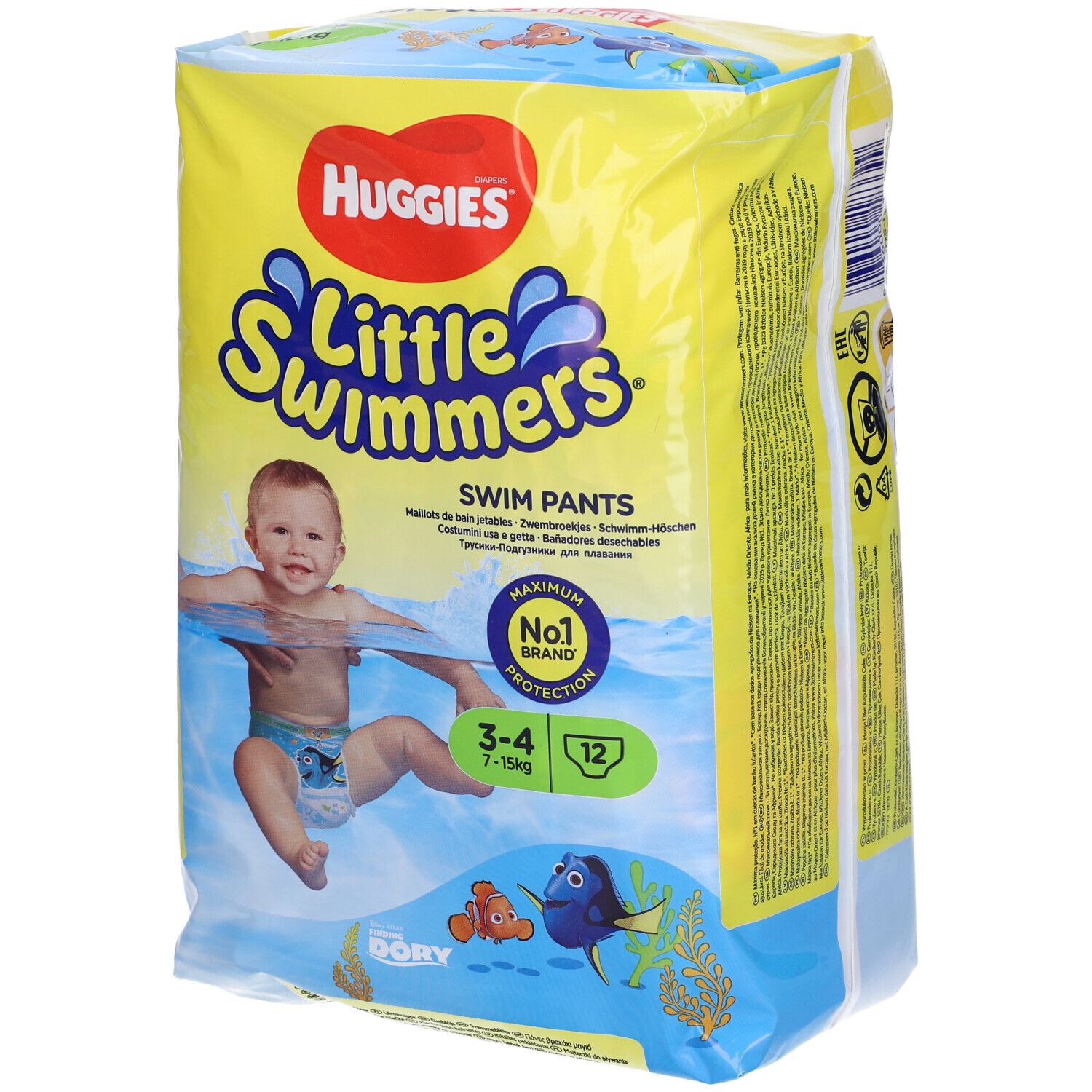 Confezione di pannolini da bagno. Scritta: Huggies Little Swimmers, bambino in acqua, 7-15 kg, 12 pezzi.