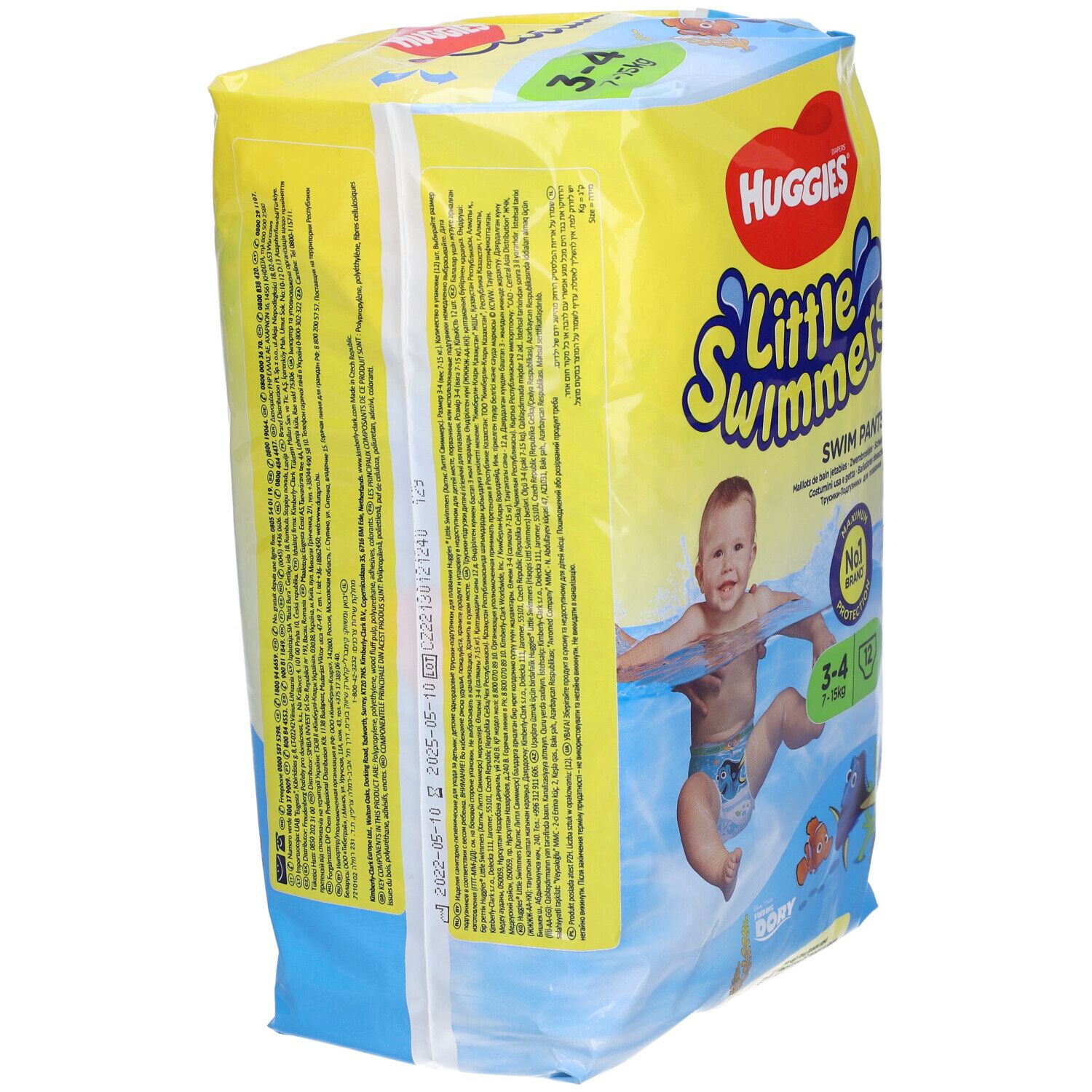 Confezione di pannolini da bagno. Scritta: Huggies Little Swimmers, bambino in acqua, 7-15 kg, 12 pezzi.