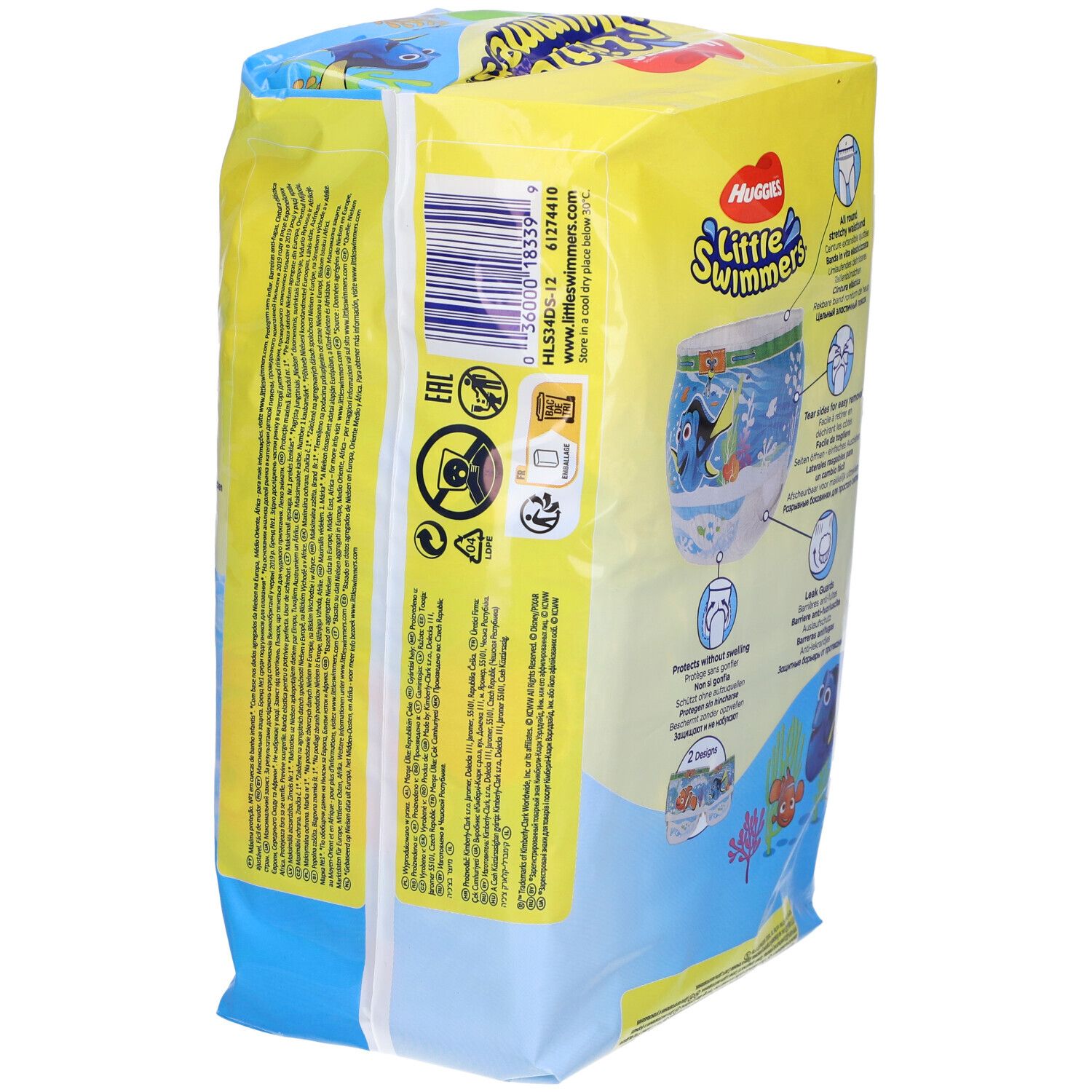 Lato della confezione di pannolini da bagno. Testo e simboli.