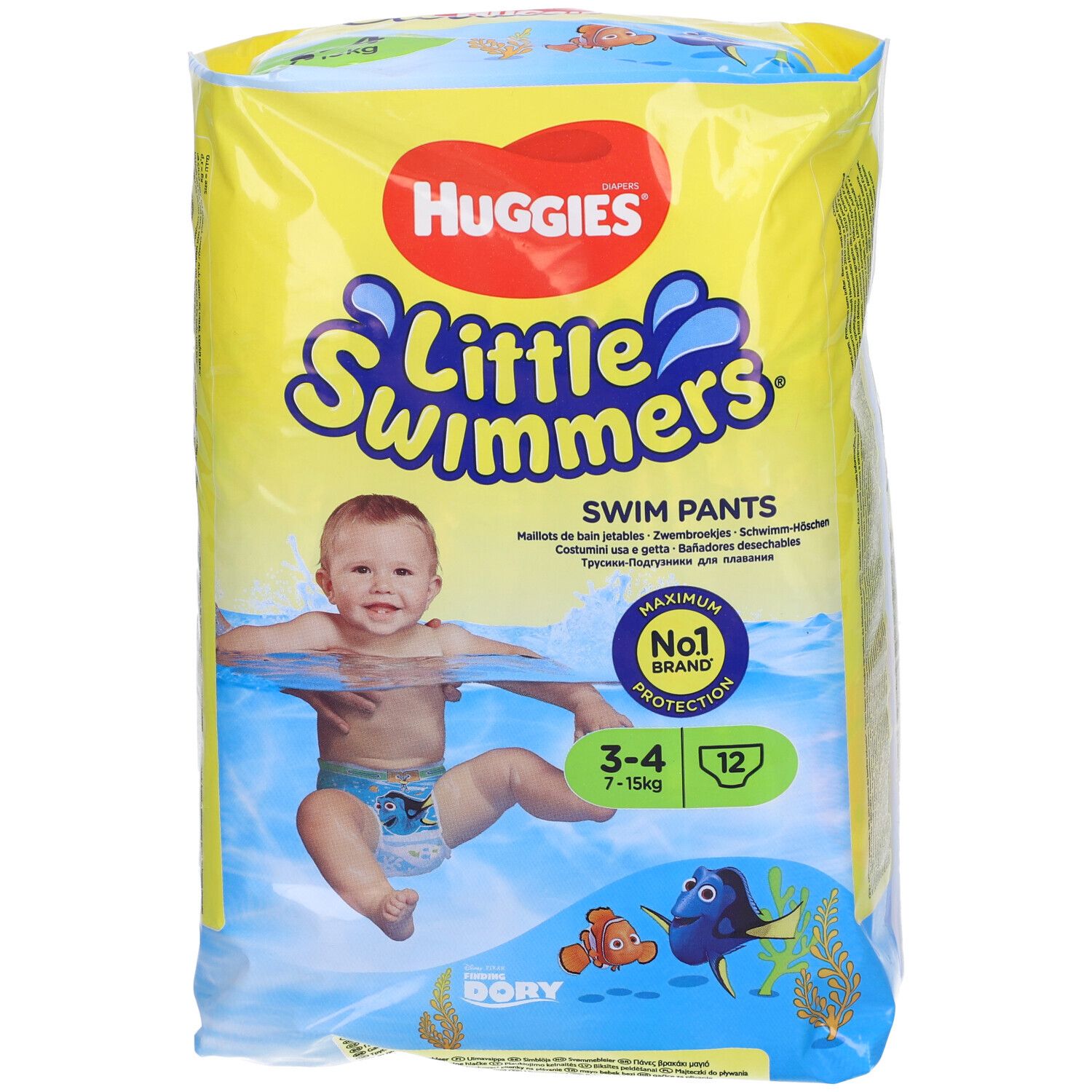 Confezione di pannolini da bagno. Scritta: Huggies Little Swimmers, bambino in acqua, 7-15 kg, 12 pezzi.