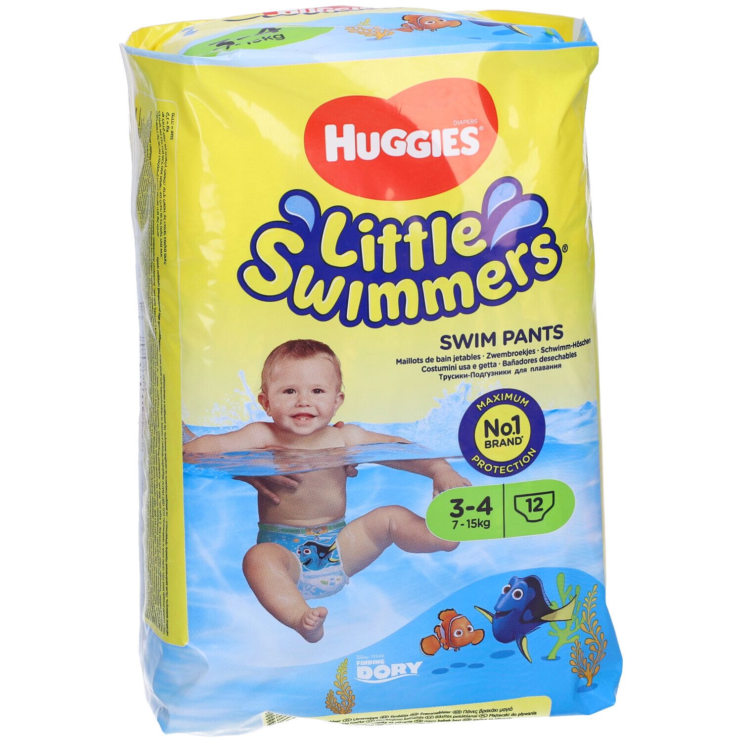 Confezione di pannolini da bagno. Scritta: Huggies Little Swimmers, bambino in acqua, 7-15 kg, 12 pezzi.