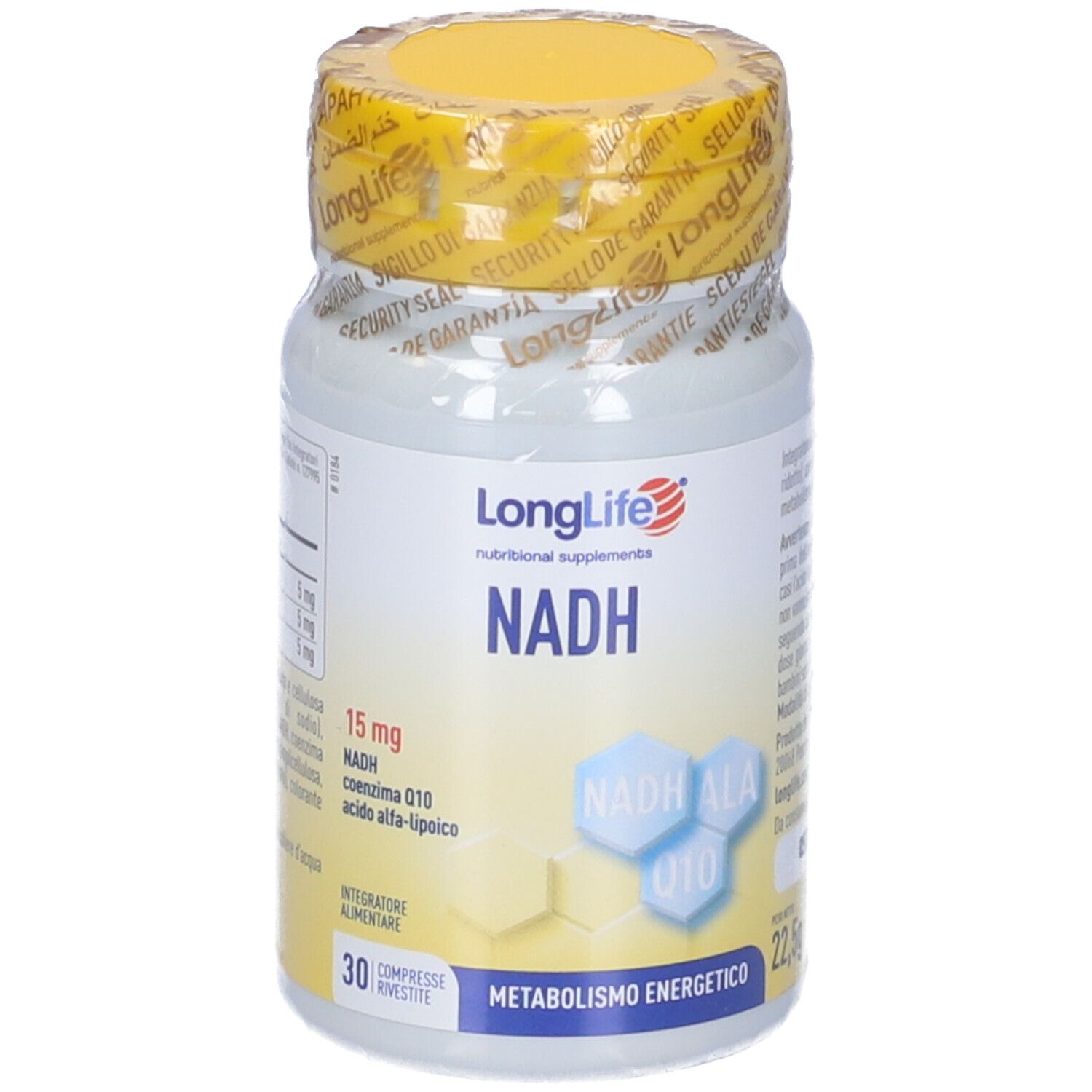 Flacone bianco con tappo giallo e sigillo di sicurezza. Scritta: LongLife NADH. 30 compresse.