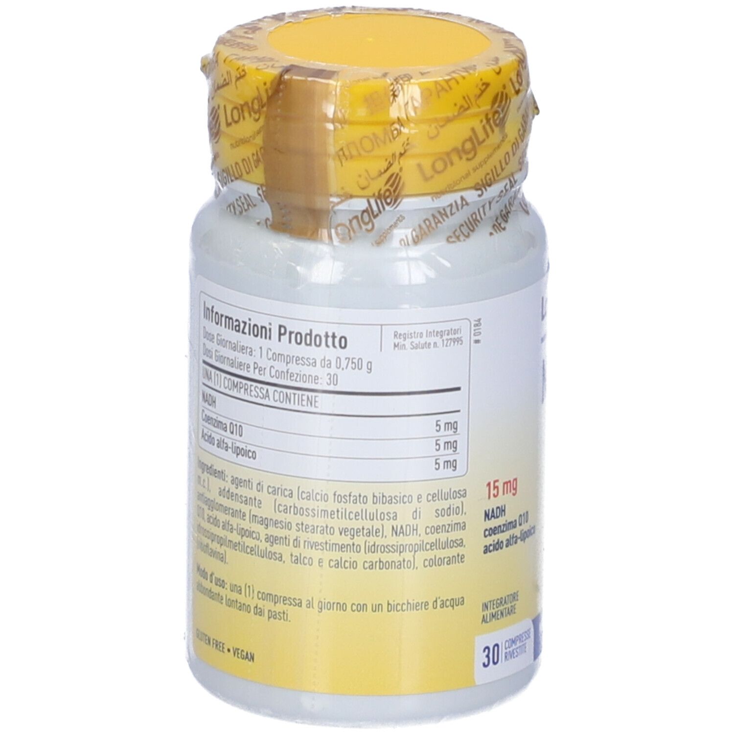 Retro del flacone bianco con tappo giallo. Contiene informazioni sul prodotto e ingredienti. 30 compresse.