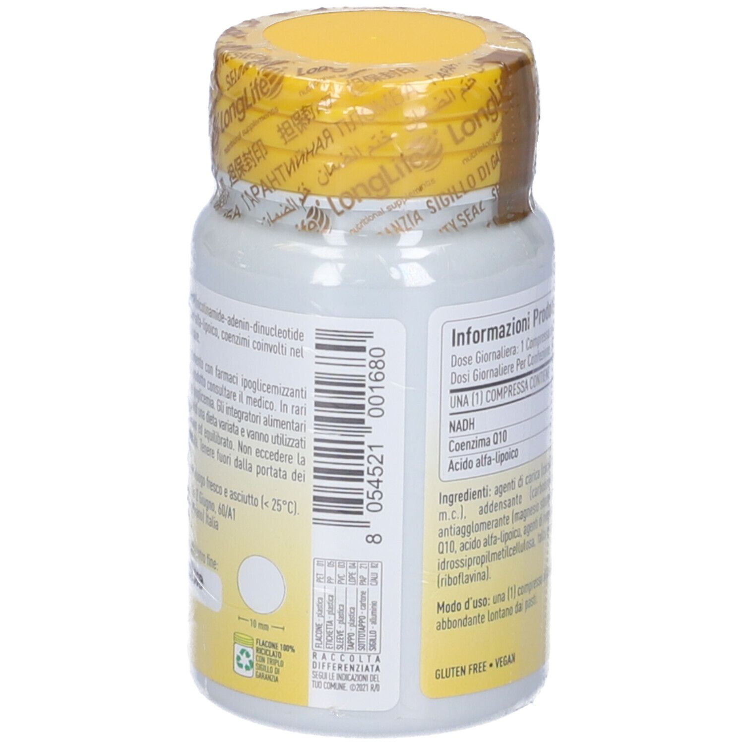 Retro del flacone bianco con tappo giallo. Contiene informazioni e un codice a barre. 30 compresse.