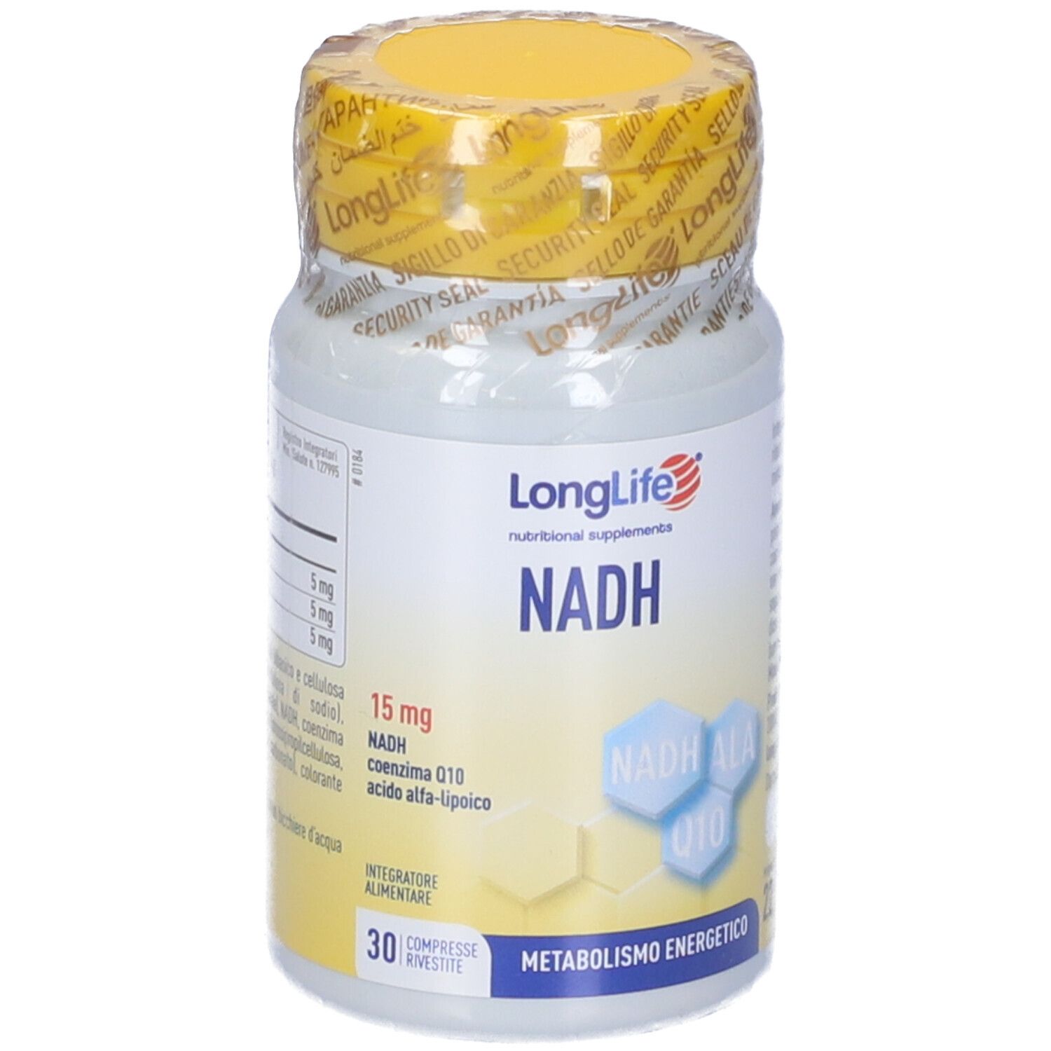 Flacone bianco con tappo giallo e sigillo di sicurezza. Scritta: LongLife NADH. 30 compresse.