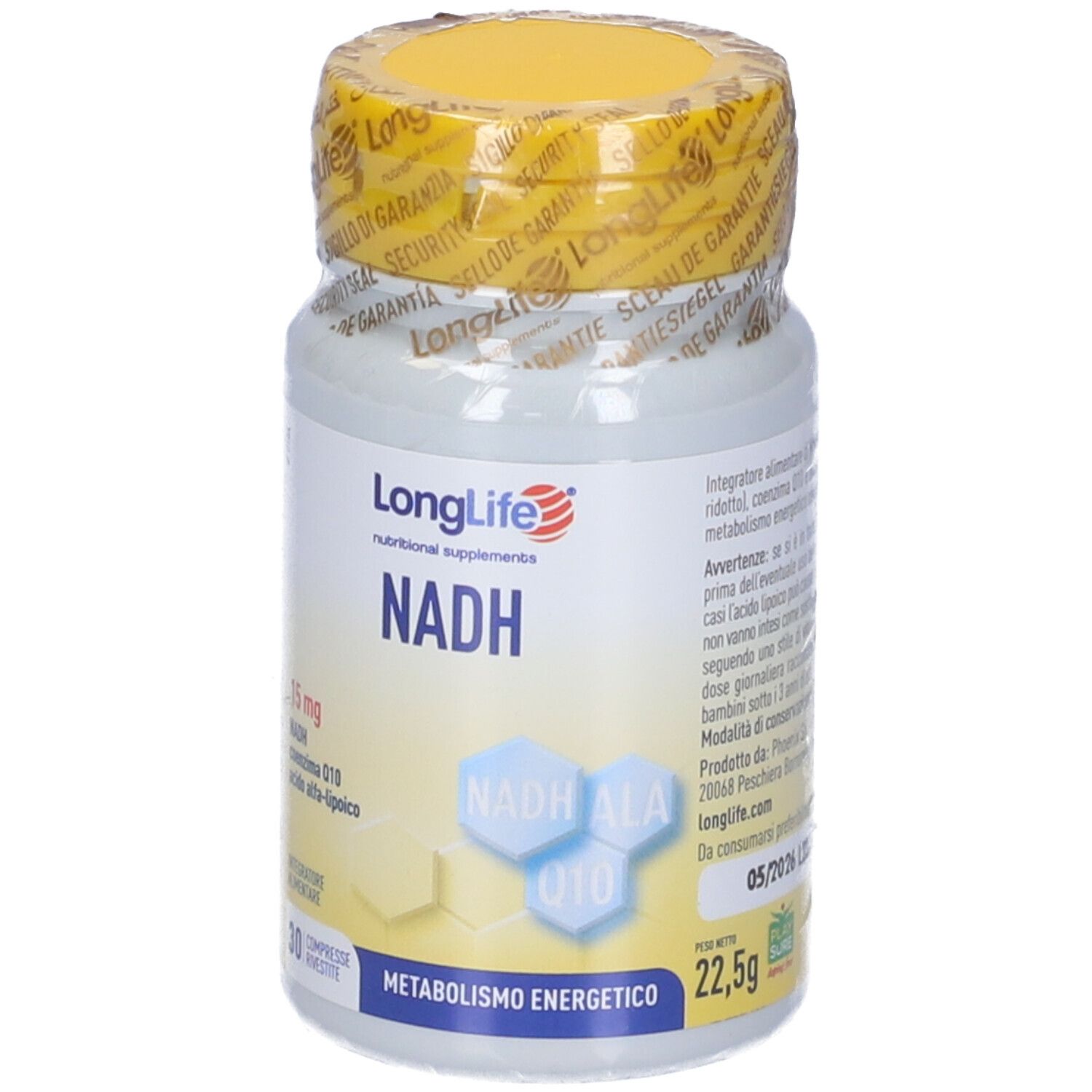 Flacone bianco con tappo giallo e sigillo di sicurezza. Scritta: LongLife NADH. 22,5g. 30 compresse.