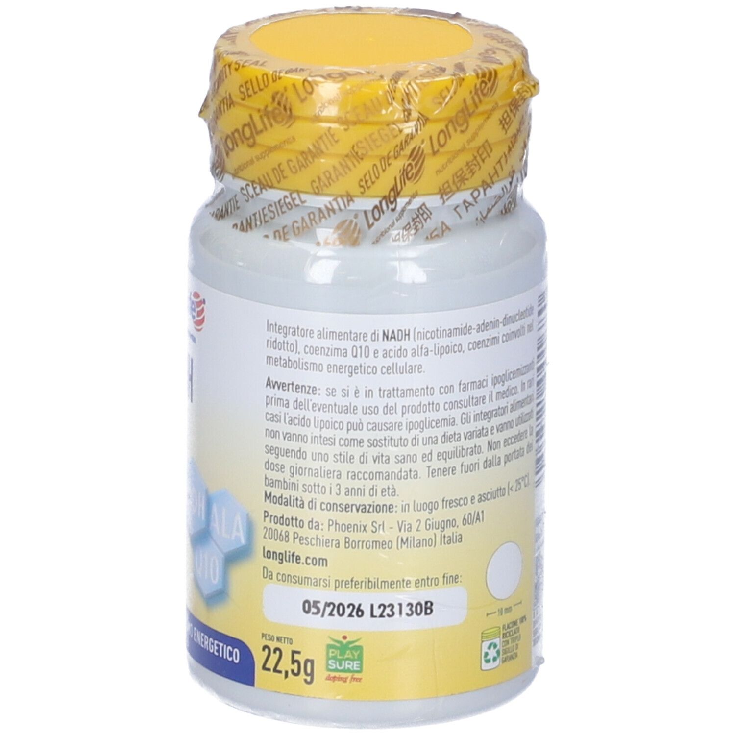 Retro del flacone bianco con tappo giallo. Contiene informazioni e una data di scadenza. 22,5g. 30 compresse.