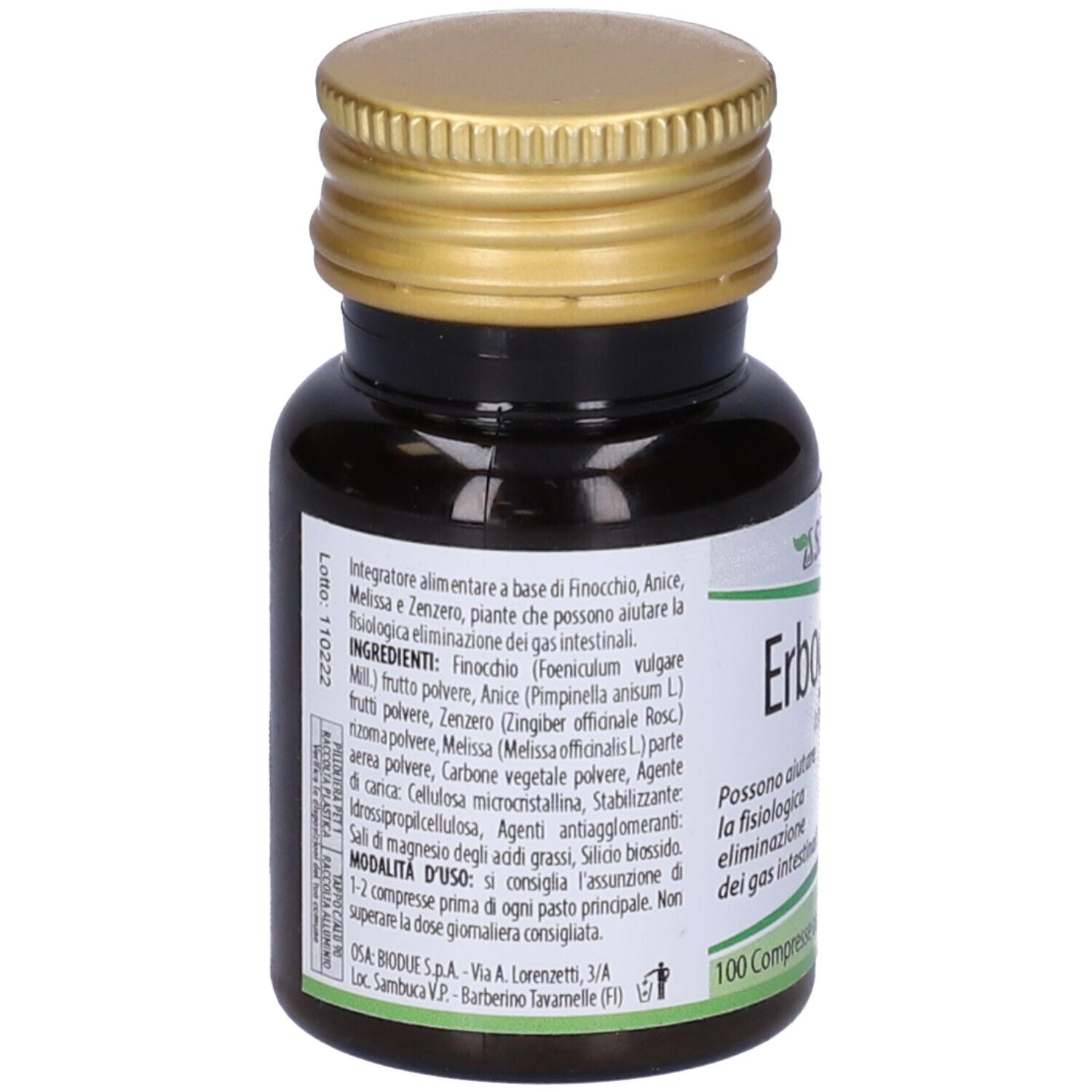 Flacone marrone con tappo dorato. Etichetta con elenco ingredienti e componenti di Selerbe Erbogas Ventre.