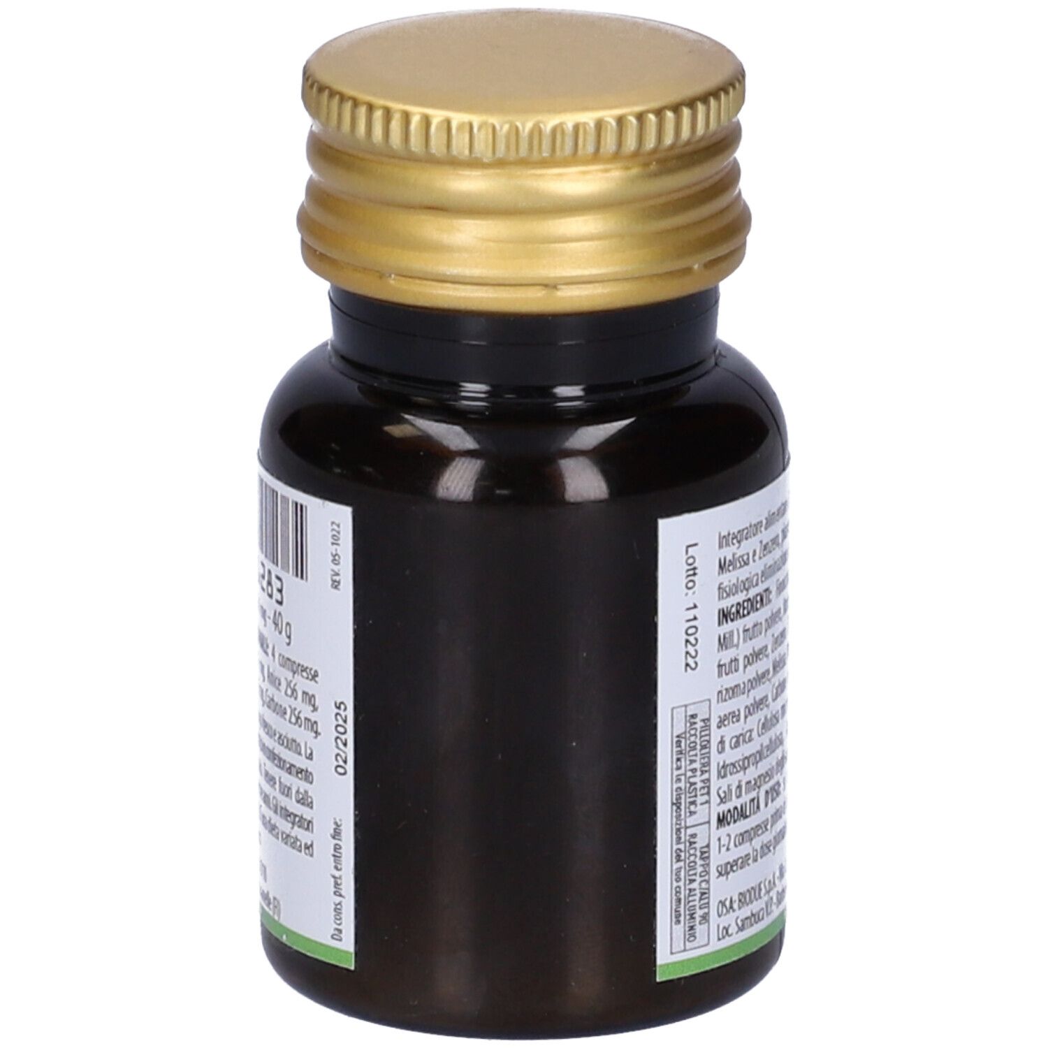 Flacone marrone con tappo dorato. Etichetta con informazioni su Selerbe Erbogas Ventre Compresse.
