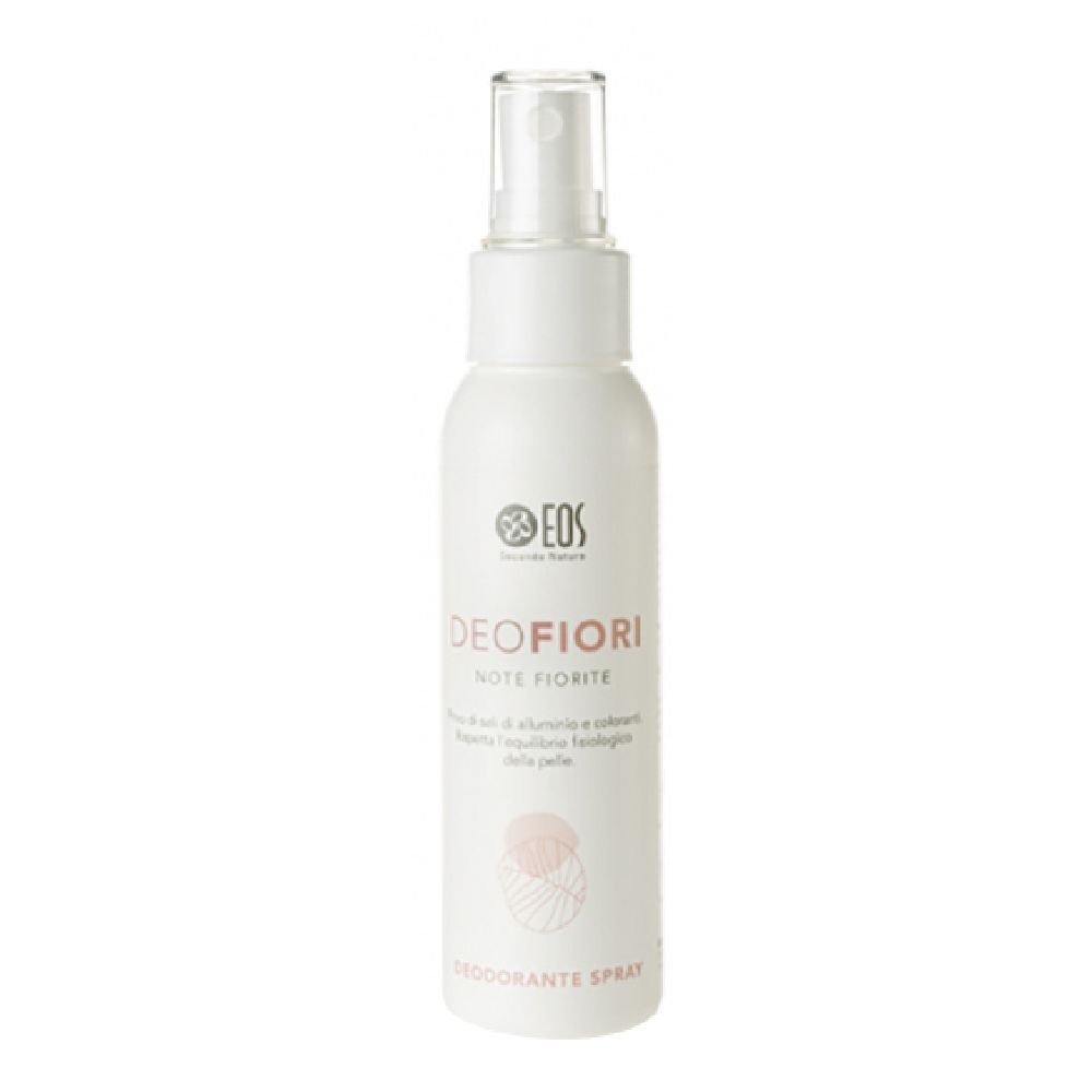 Flacone spray bianco con erogatore trasparente. Testo: DEOFIORI, EOS, Deodorante Spray.