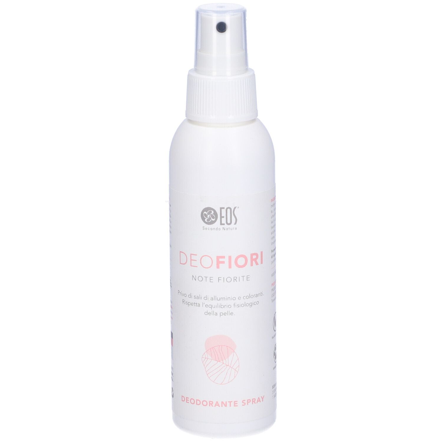 Flacone spray bianco con erogatore trasparente. Testo: DEOFIORI, EOS, Deodorante Spray.